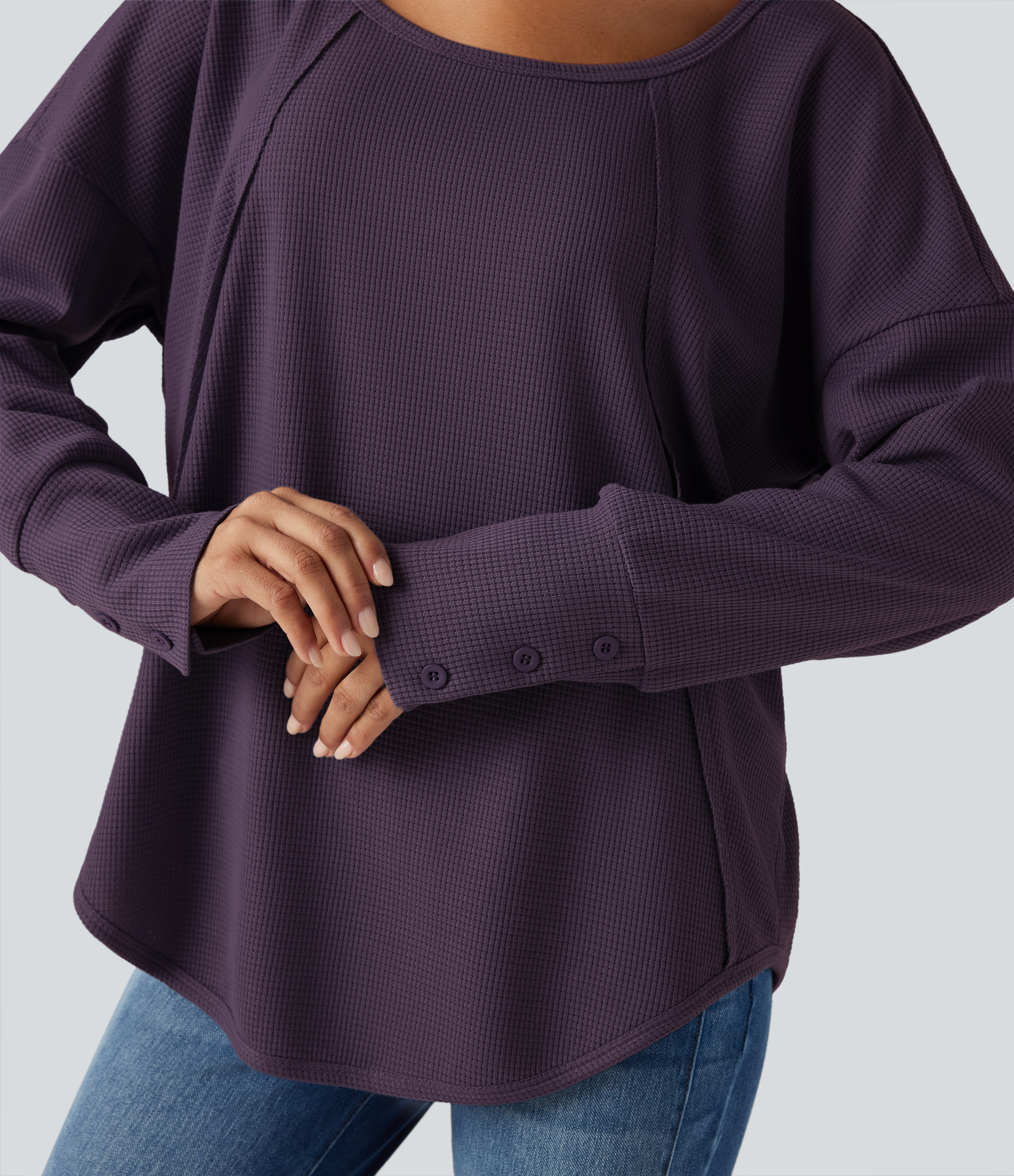 Scoop Neck Long Sleeve Curved Hem Relaxed Waffle Casual Top