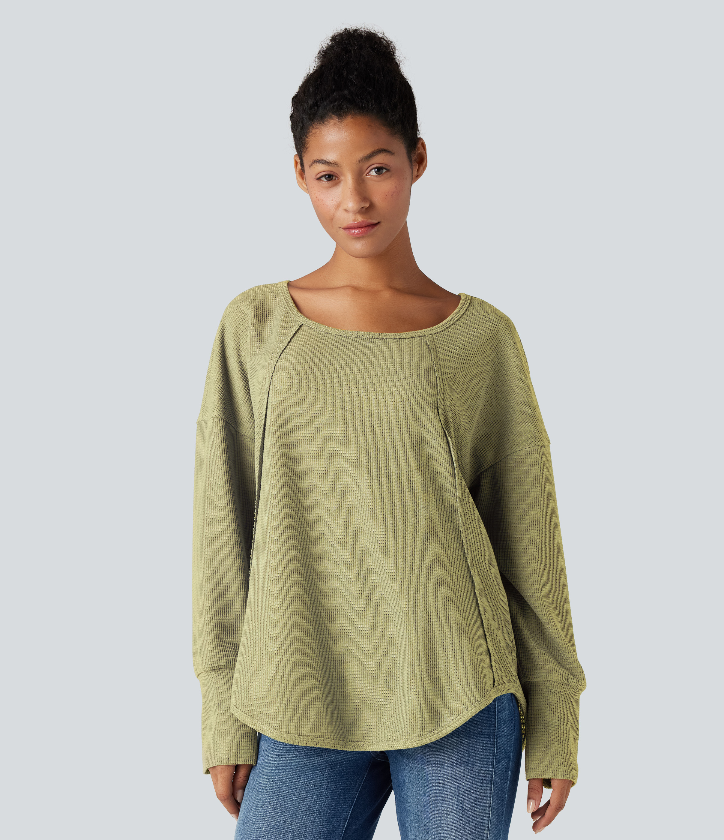 Grossular Green Scoop Neck Long Sleeve Curved Hem Relaxed Waffle Casual Top / 2