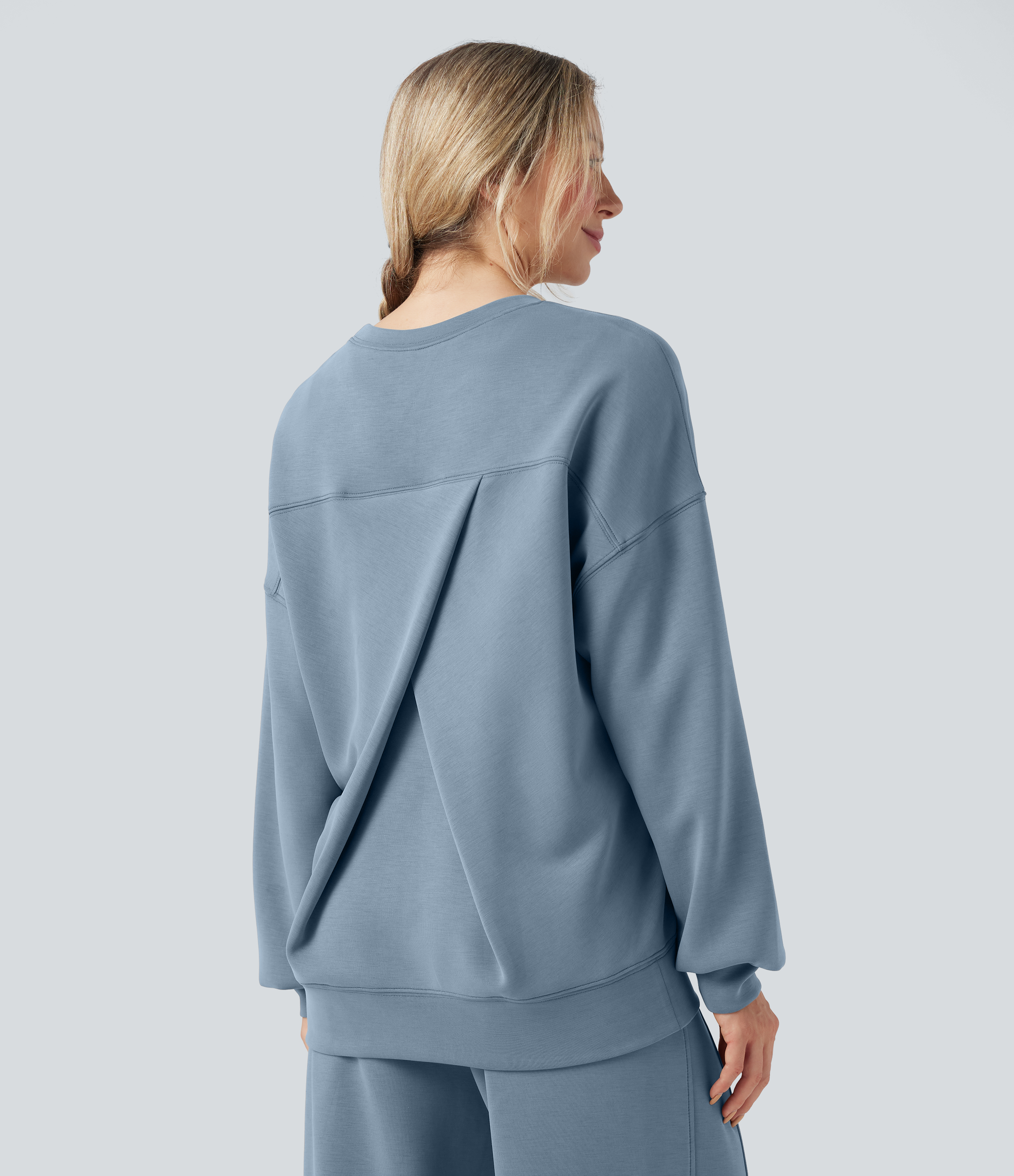 SpacerTek™ Round Neck Long Sleeve Crossover Back Casual Sweatshirt with Pockets