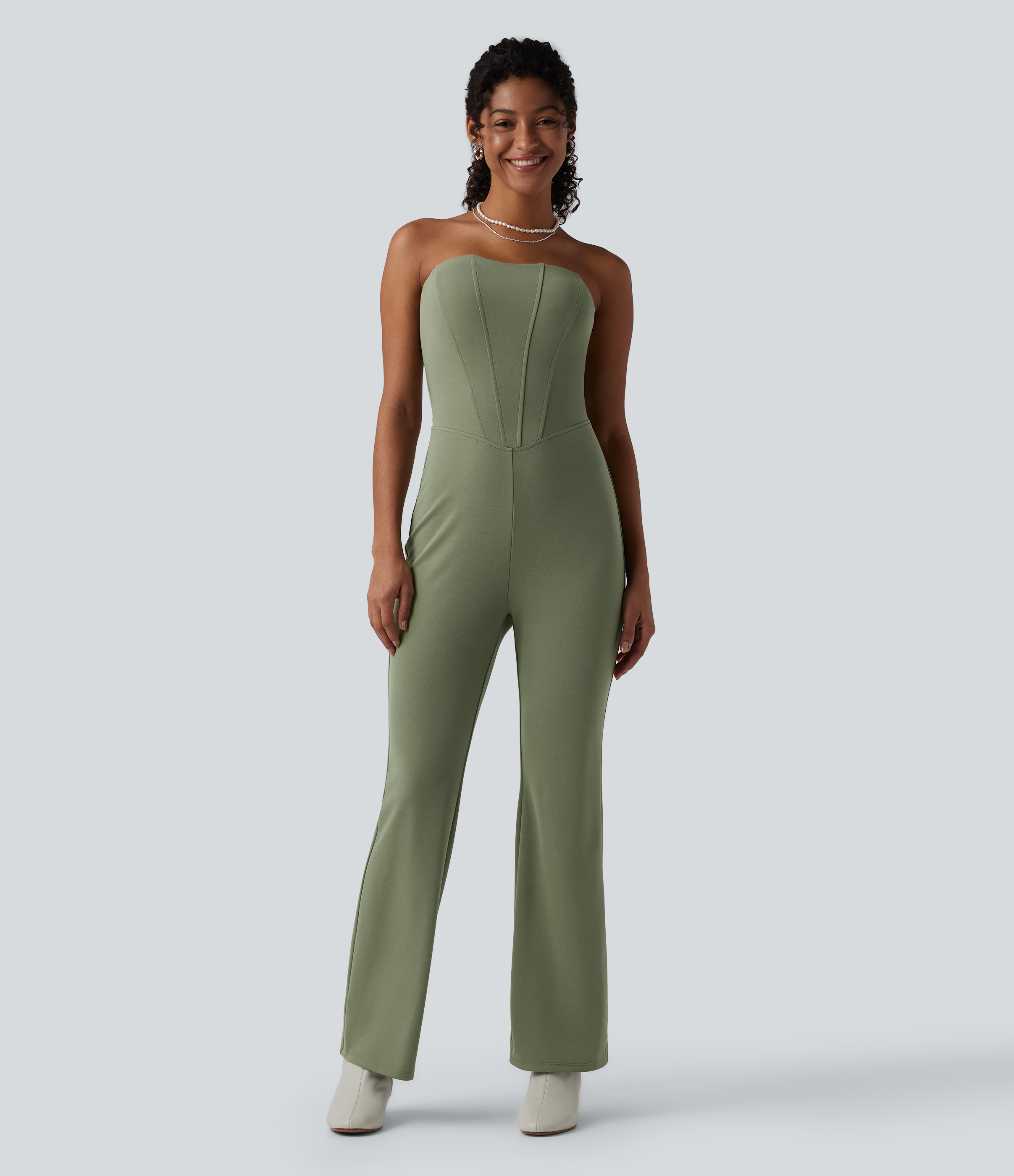 Oil Green 2-Piece Tube Corset Jumpsuit with Long Sleeve Lace Shrug-Easy Peezy Edition / 2