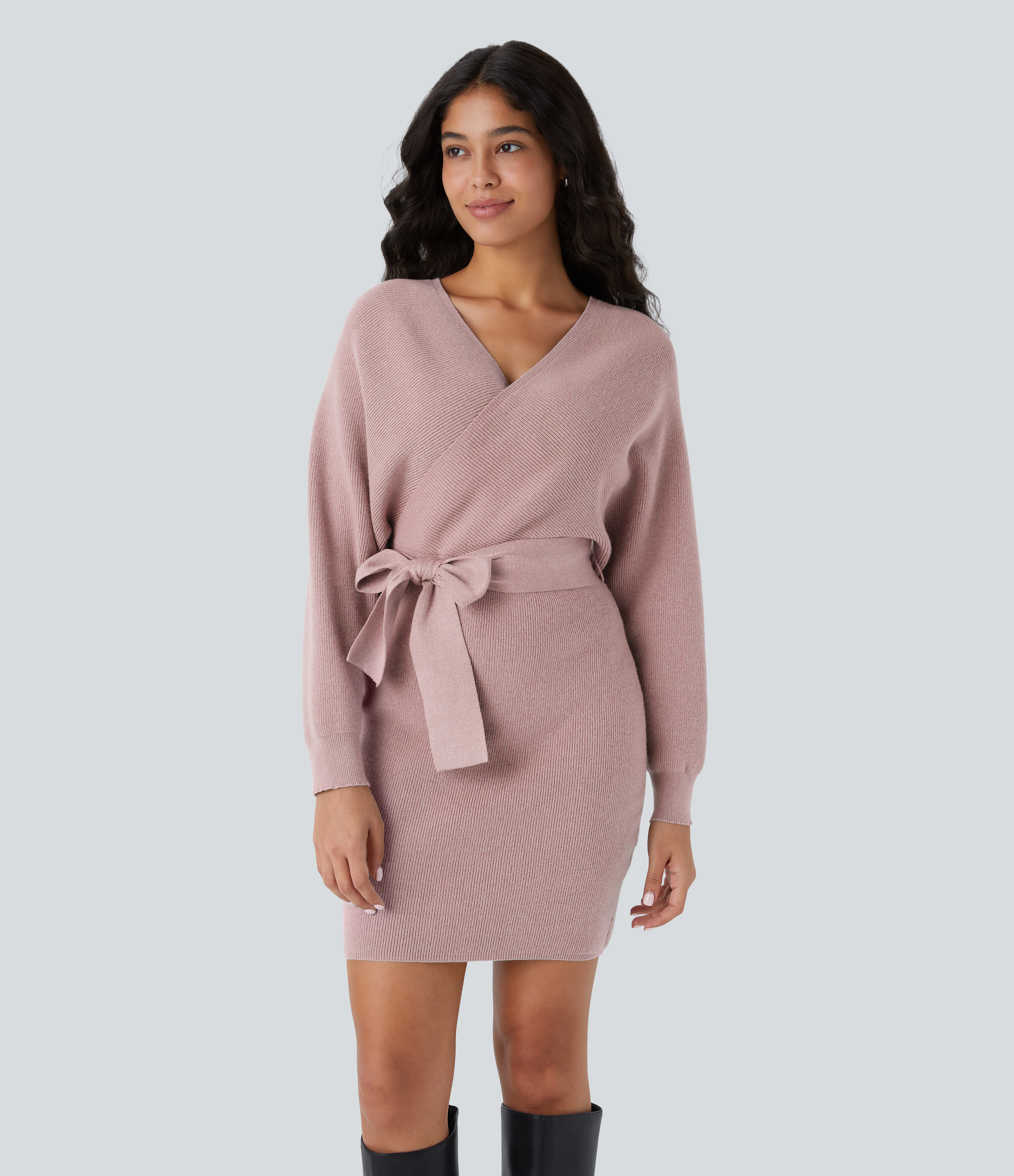 Überkreuzter V-Ausschnitt Fledermausärmel Langarm Gürtel Mini Freizeit Strickkleid