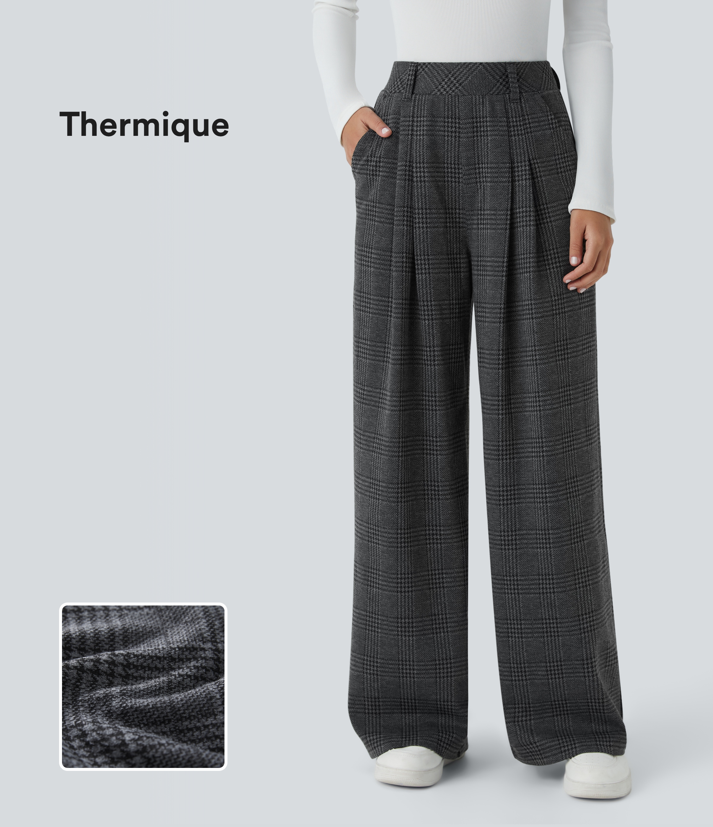 Pantalon taille haute décontracté large à carreaux, avec poches