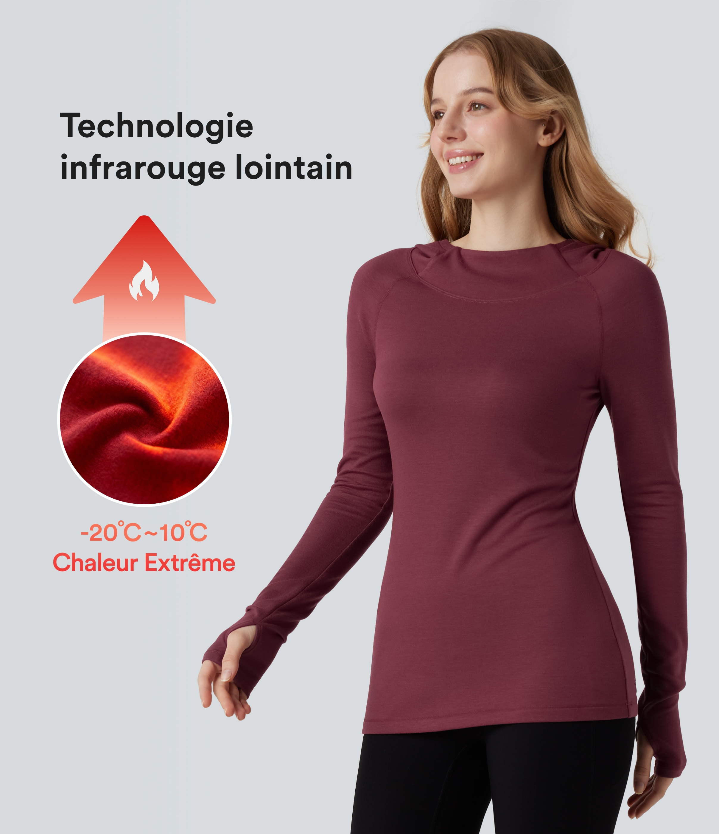 Halara HeatCore - yoga sports top with hood, long sleeves and thumbholes - warming