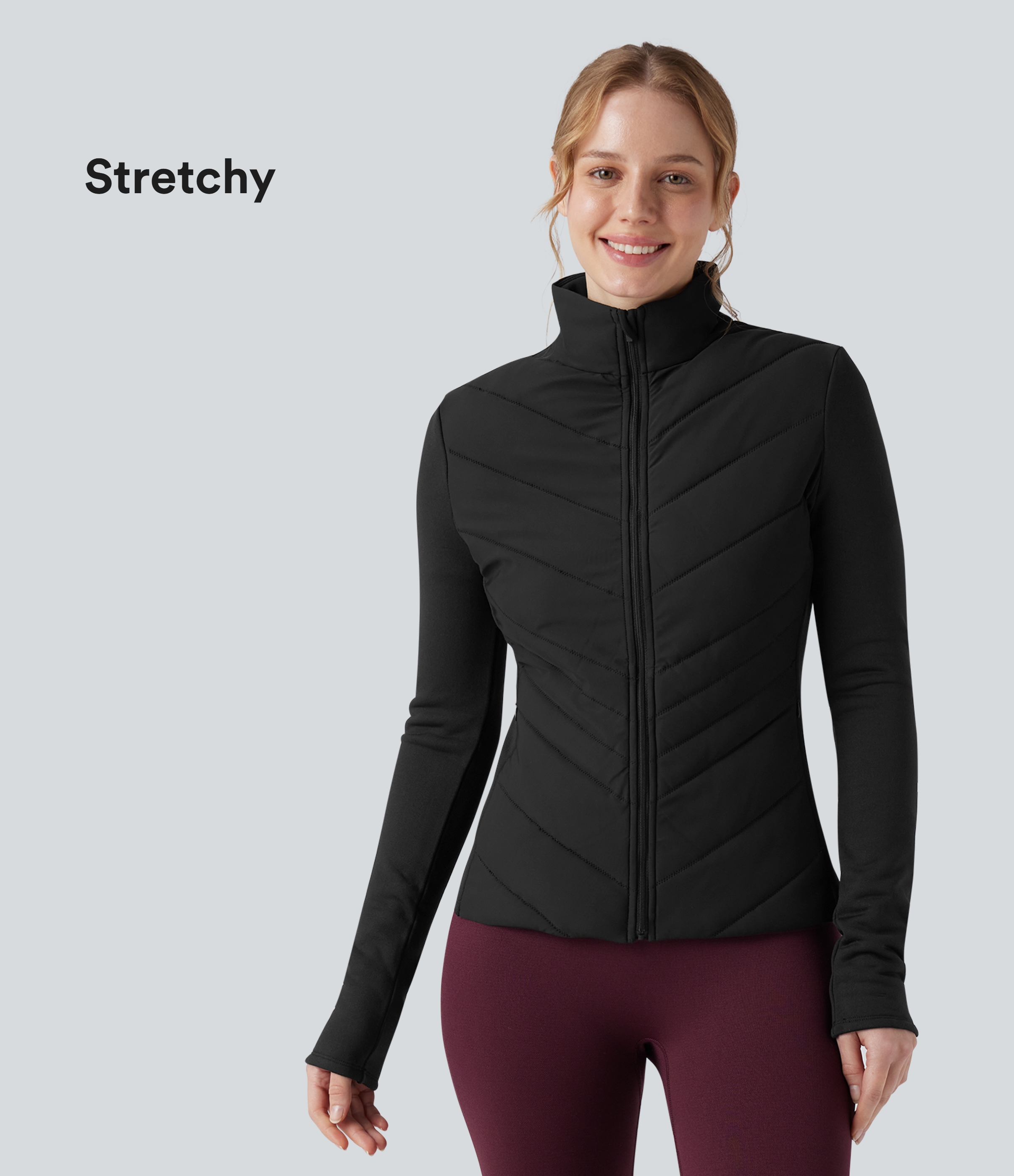 PuffFlex Stand Collar Zipper Long Sleeve Running Quilted Jacket with Pockets