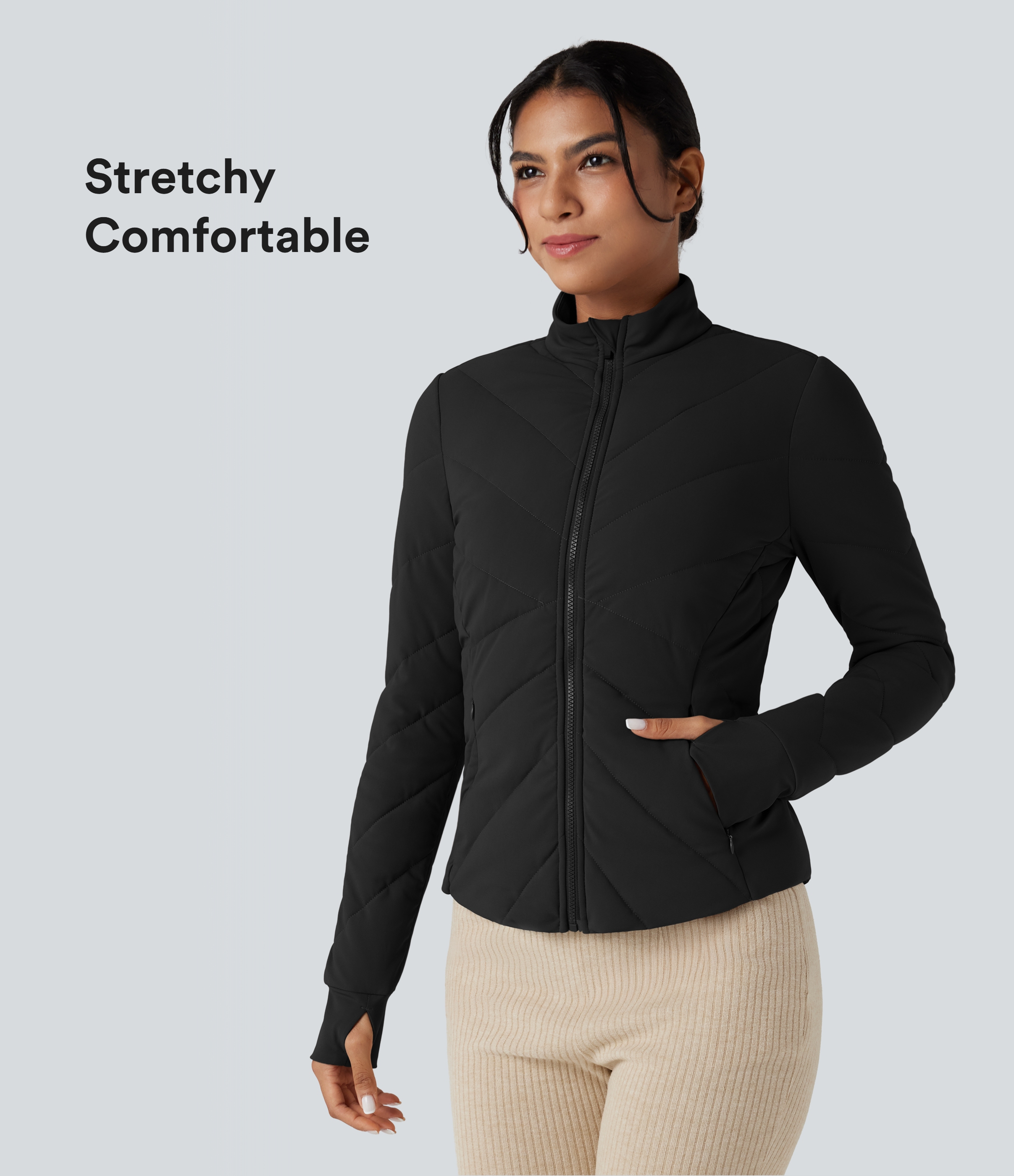 PuffFlex Stand Collar Long Sleeve Thumb Hole Casual Padded Jacket with Pockets