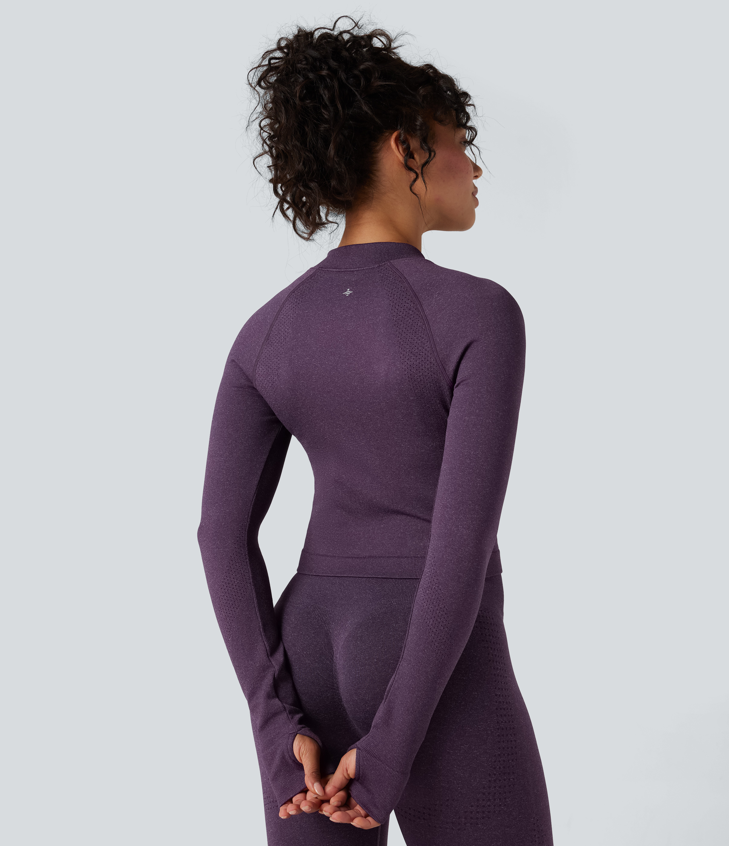 Deep Purple Seamless Flow Stand Collar Long Sleeve Thumb Holes Slim Cropped Yoga Jacket / 2
