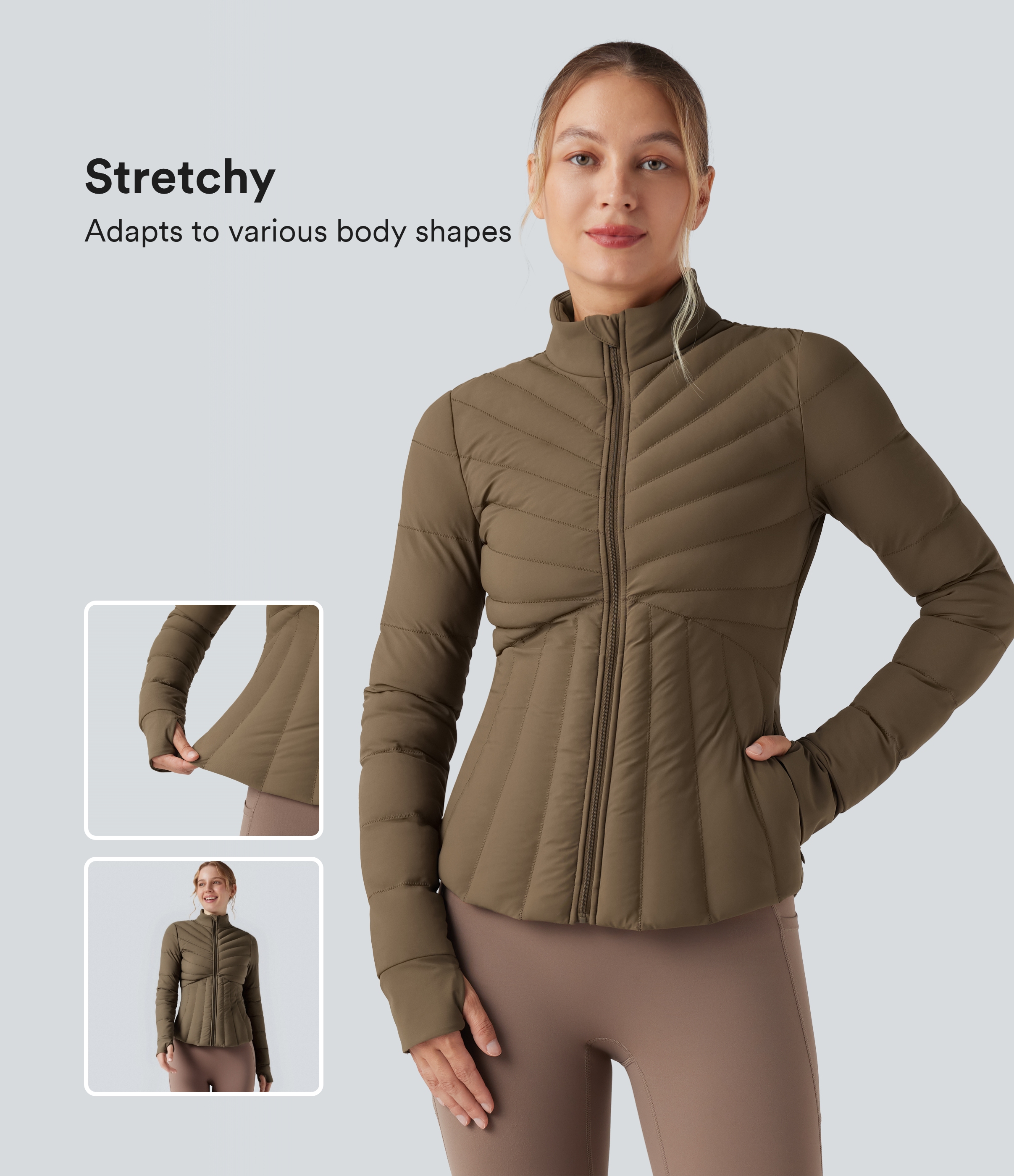 PuffFlex Stand Collar Thumb Holes Stretchy Workout Padded Jacket with Pockets