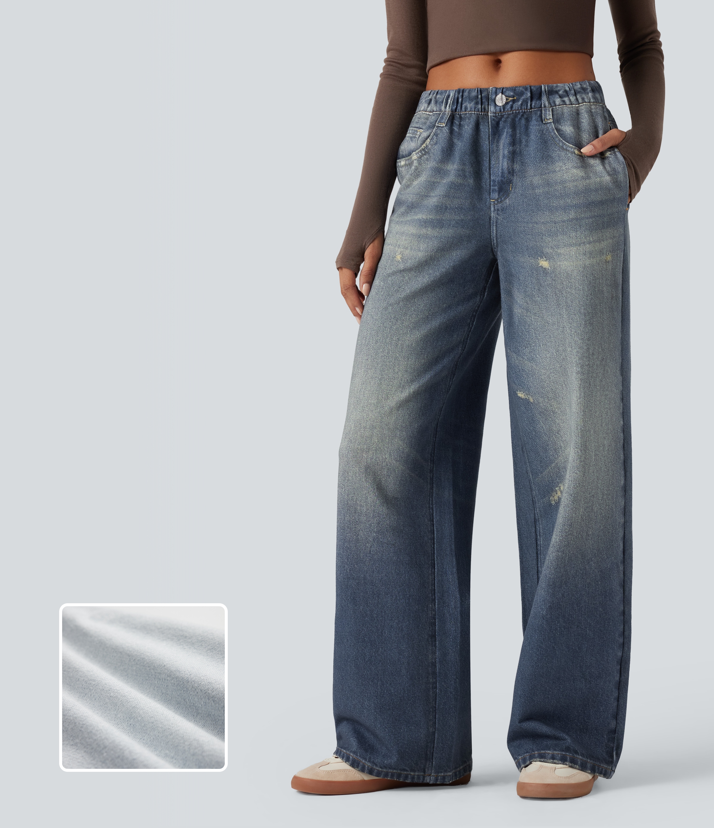Mid Rise Denim Print French Terry Casual Sweatpants Jeans with Pockets