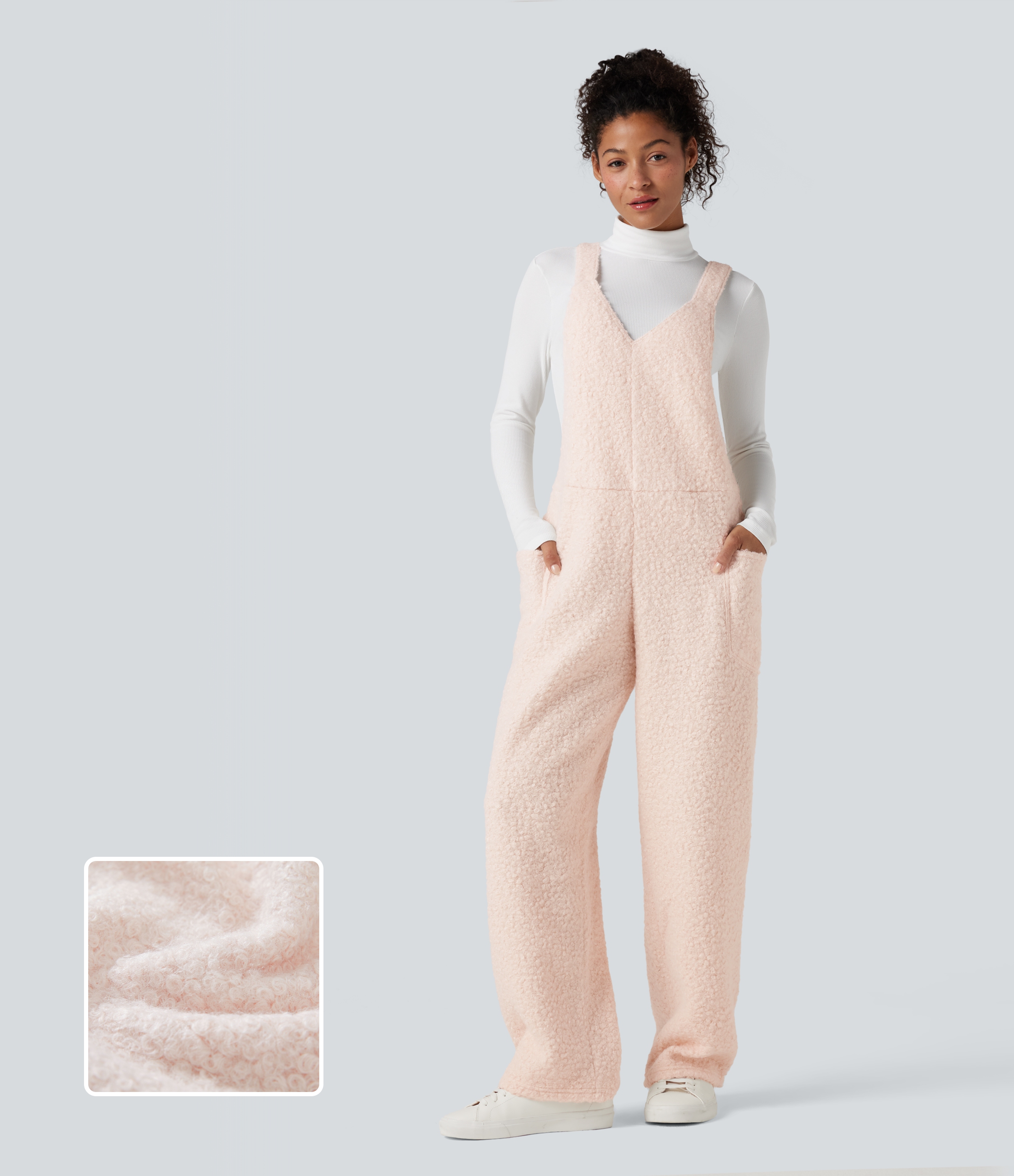 V Neck Casual Teddy Overalls with Pockets