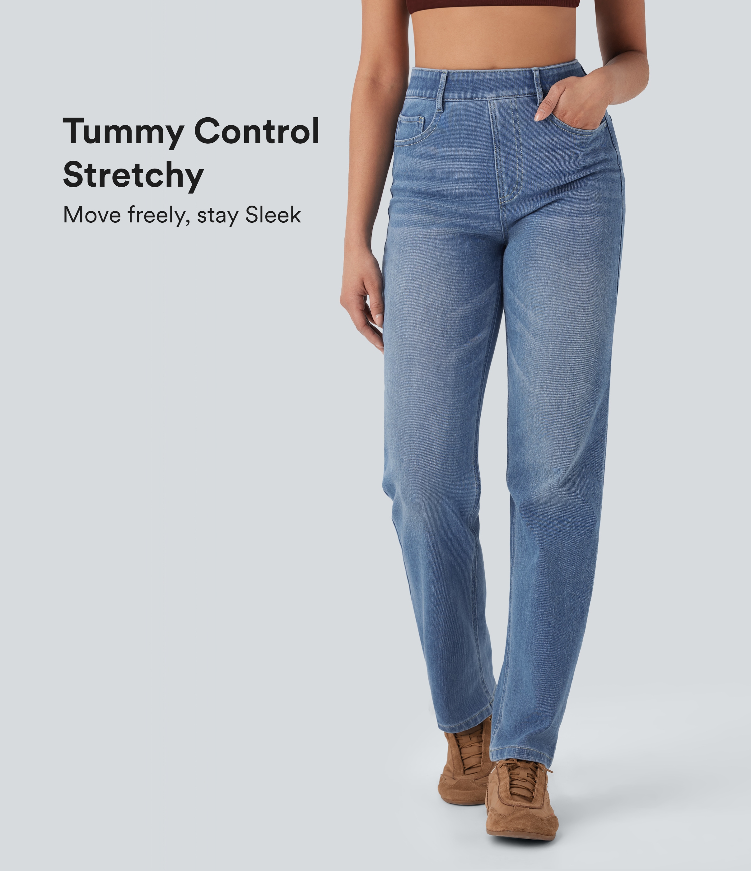 Jeans Halara Flex™ Denim elástico lavado pierna recta tiro alto control abdomen múltiple bolsillo