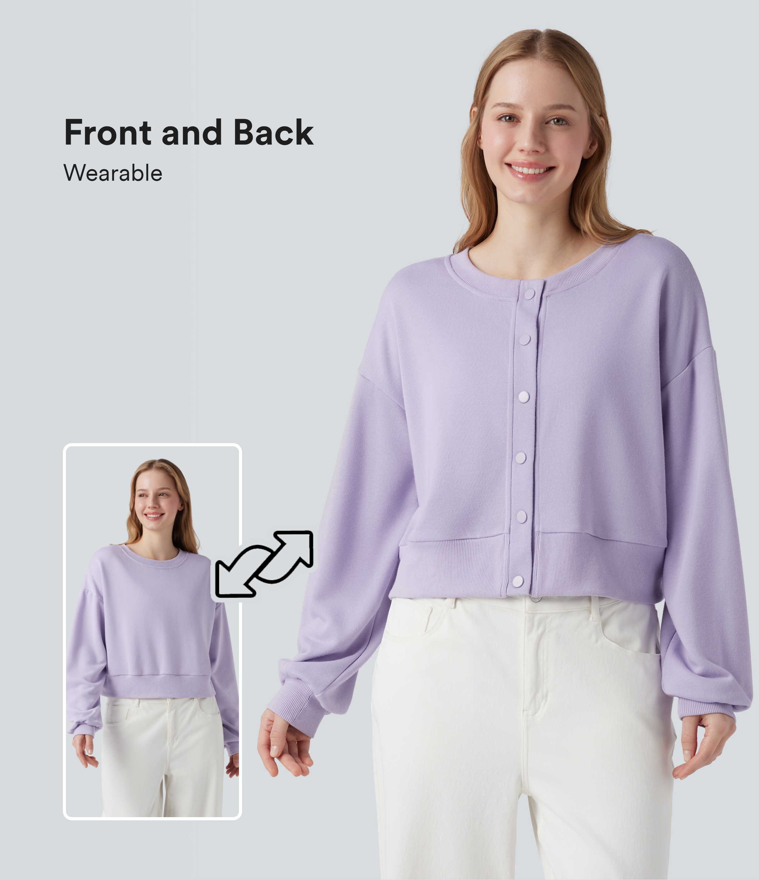Round Neck Long Sleeve Button Fly Relaxed Sweatshirt-Front and Back Wearable