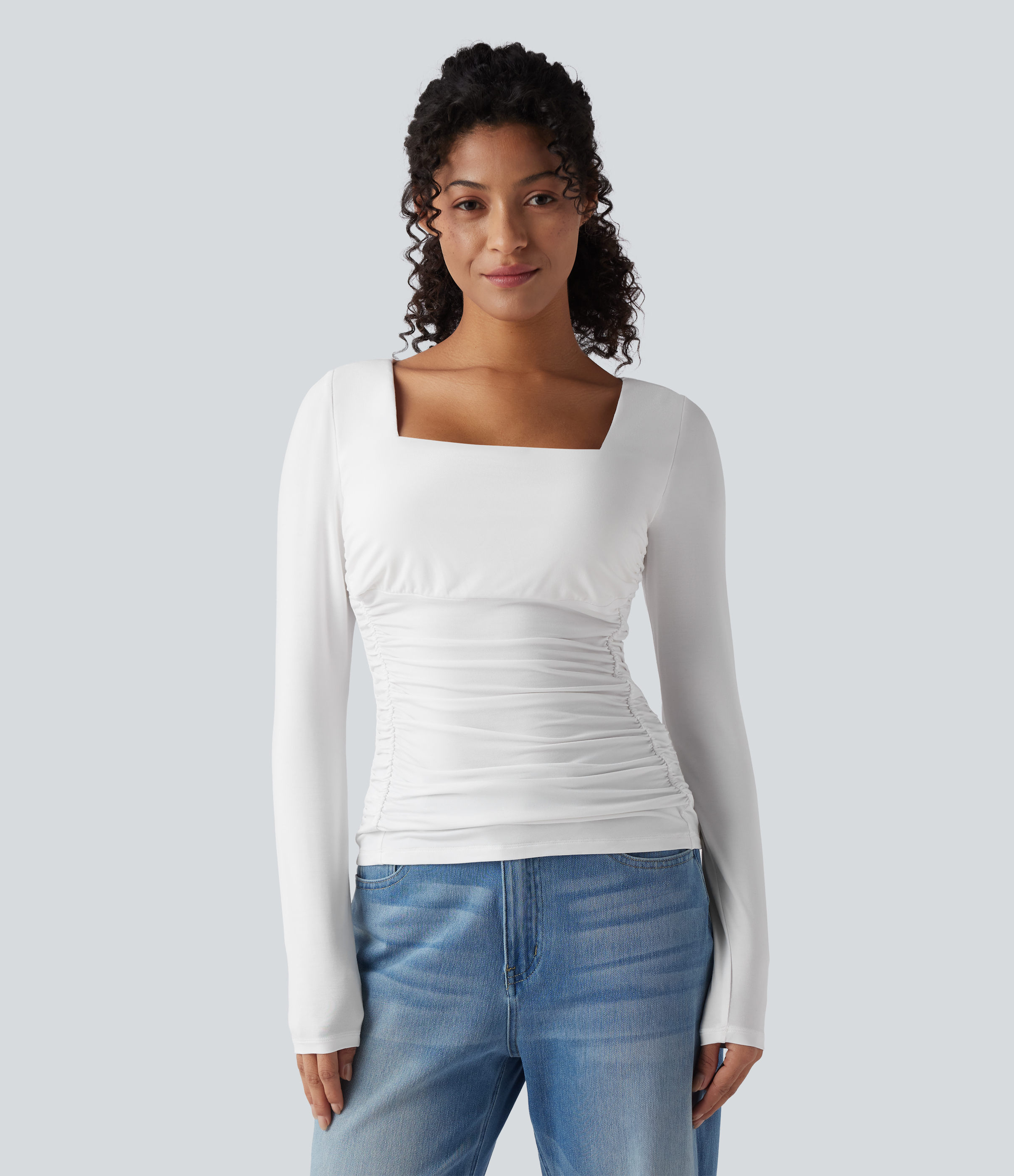 Jasmine White T-shirt décontracté 2-en-1 push-up à col carré, manches longues et fronces - Bonnets E-G / 2