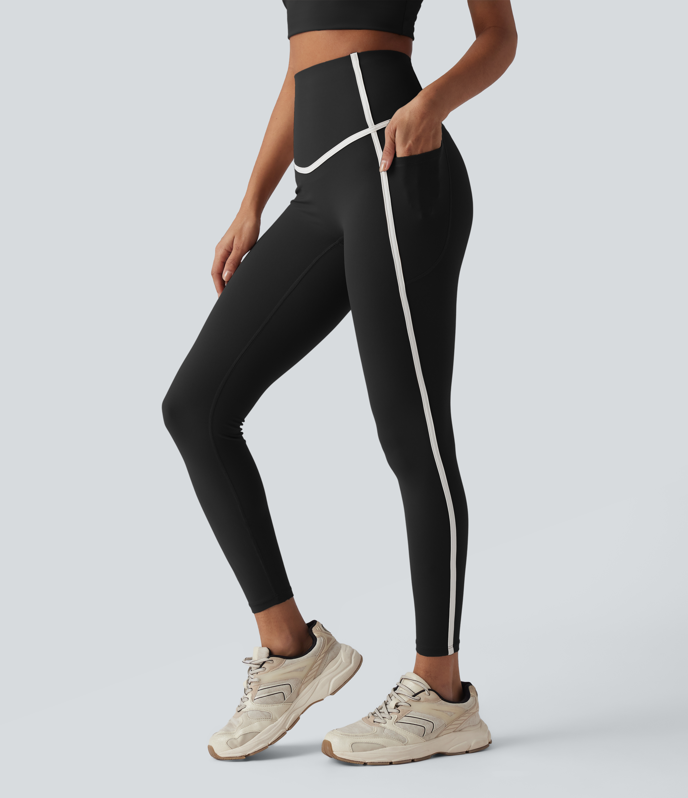 Halara UltraSculpt™ leggings de yoga 7/8 de talle alto con control abdominal, diseño color block y bolsillos