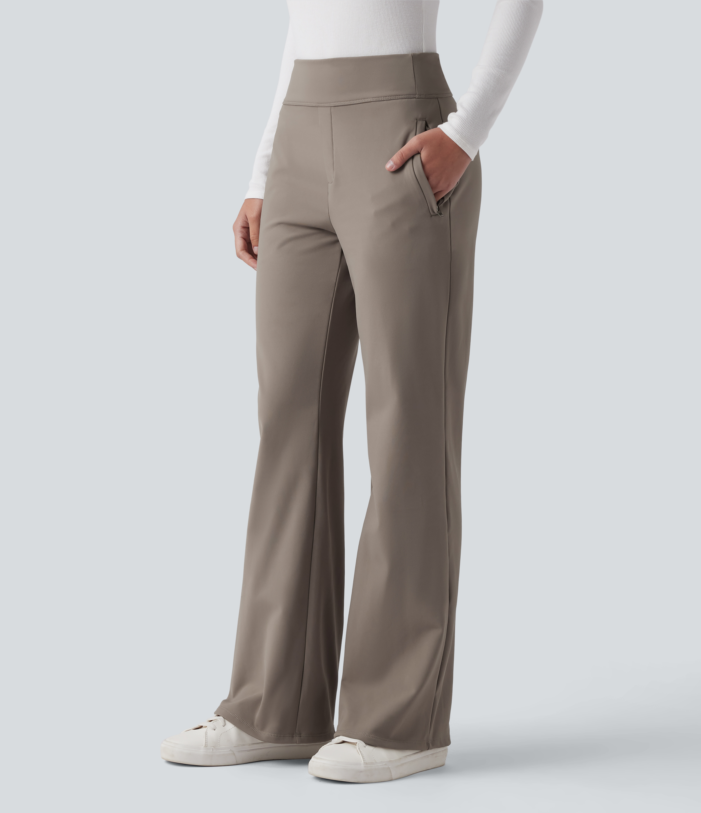 Mid Rise Fleece Work Flare Pants with Zip Pockets