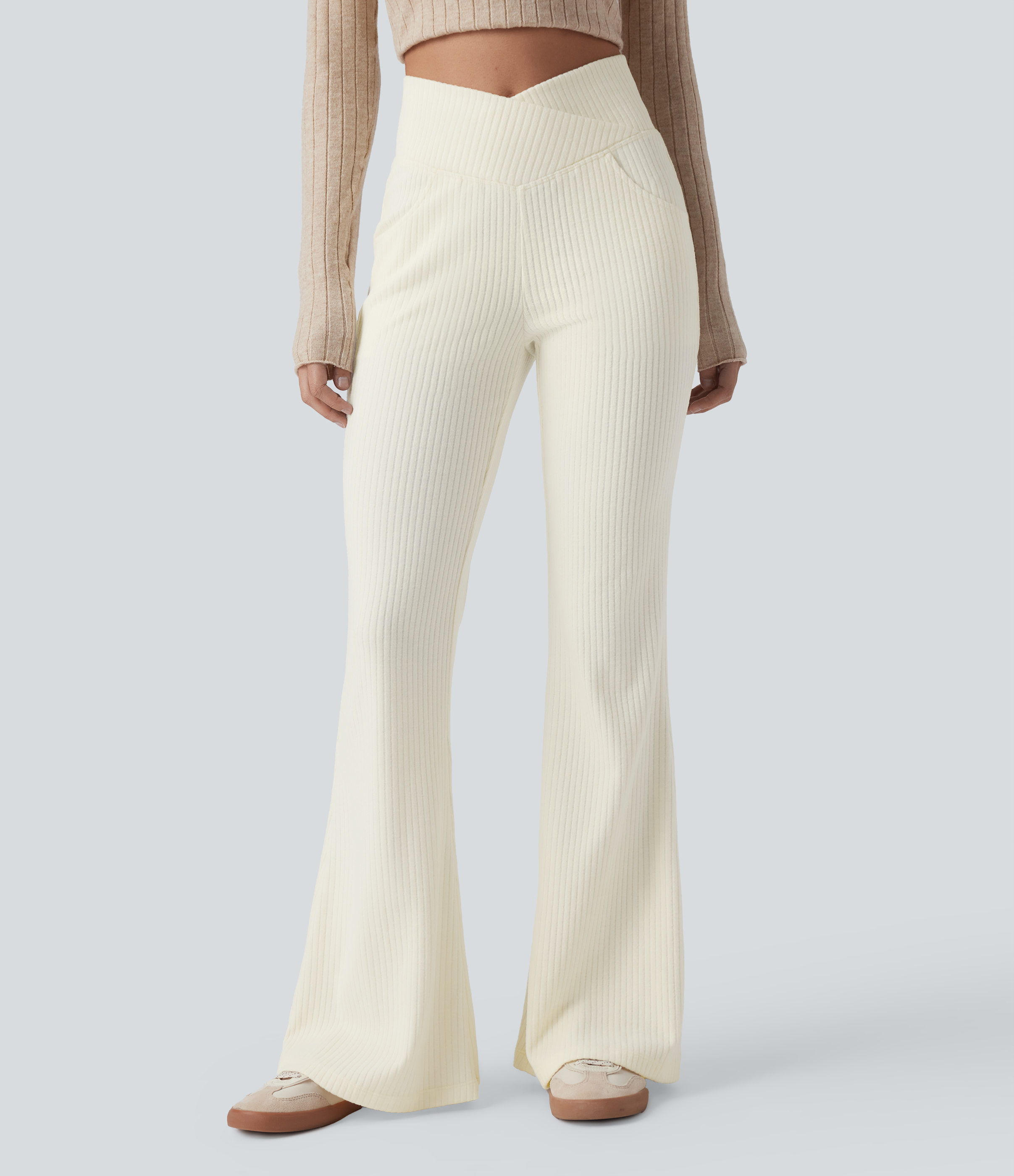 Ribbed Knit Crossover High Waisted Pocket Casual Flare Trousers