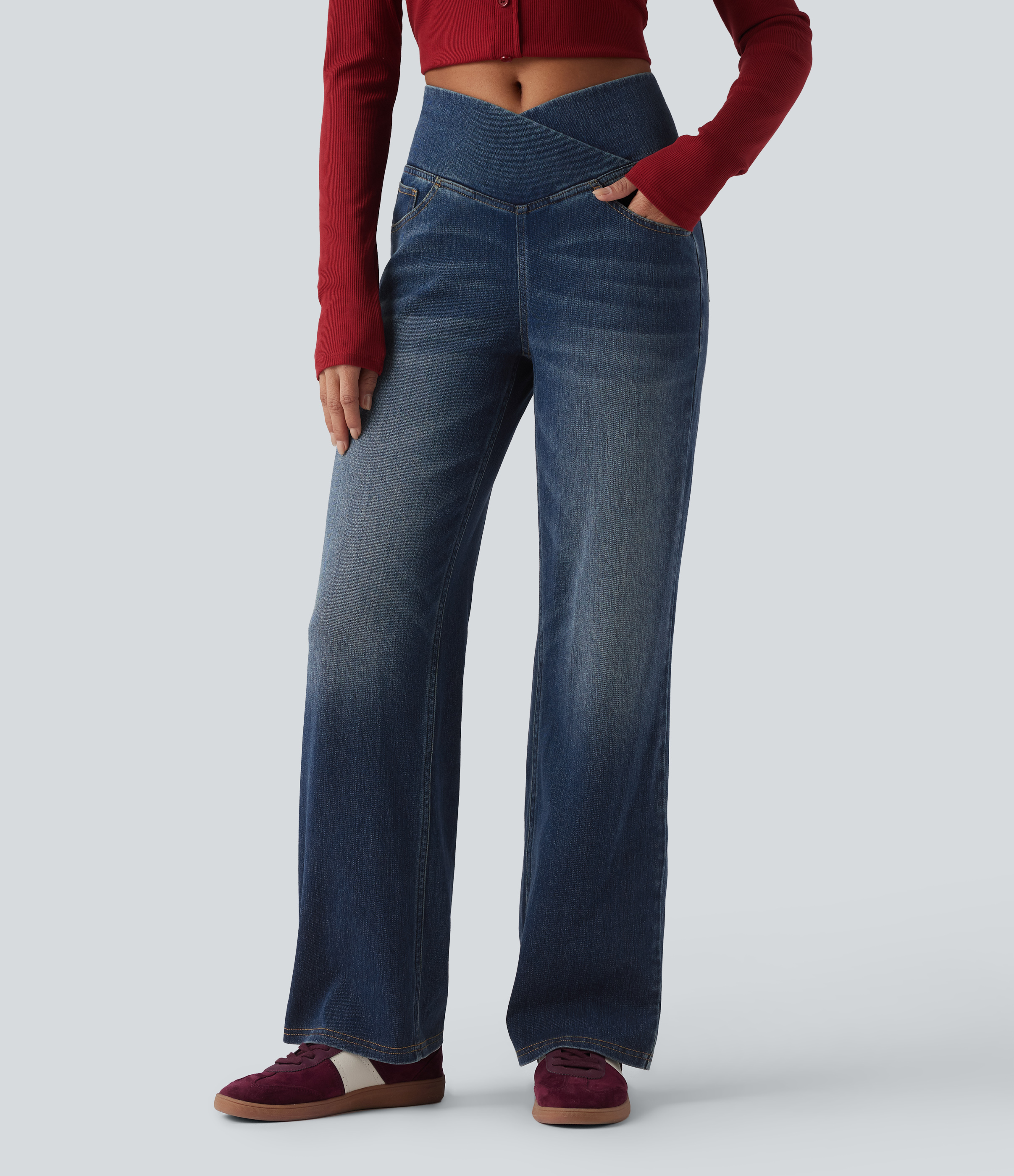 Halara Flex™ Crossover High Waisted Tummy Control Casual Straight Leg Jeans with Pockets — Blue Surf Denim by Halara