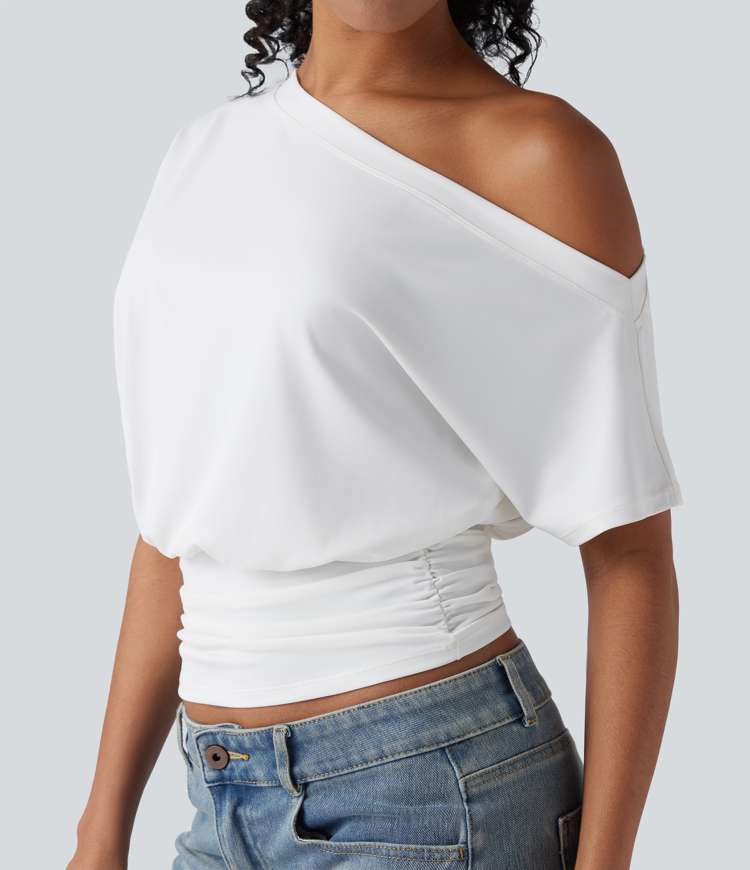 One Shoulder Short Sleeve Ruched Casual Top