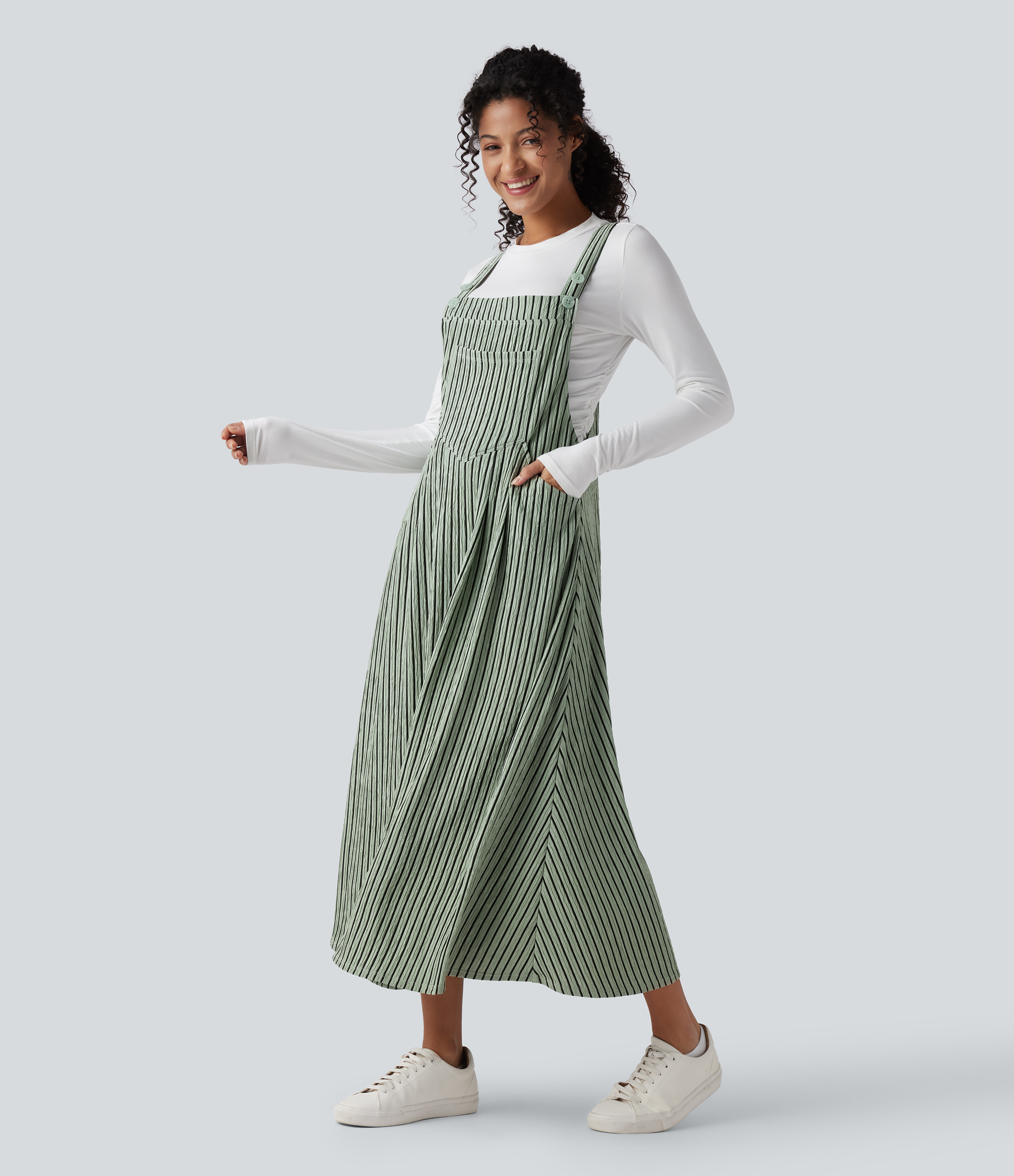 Vestido midi casual de rayas, fluido y ligero, con bolsillos