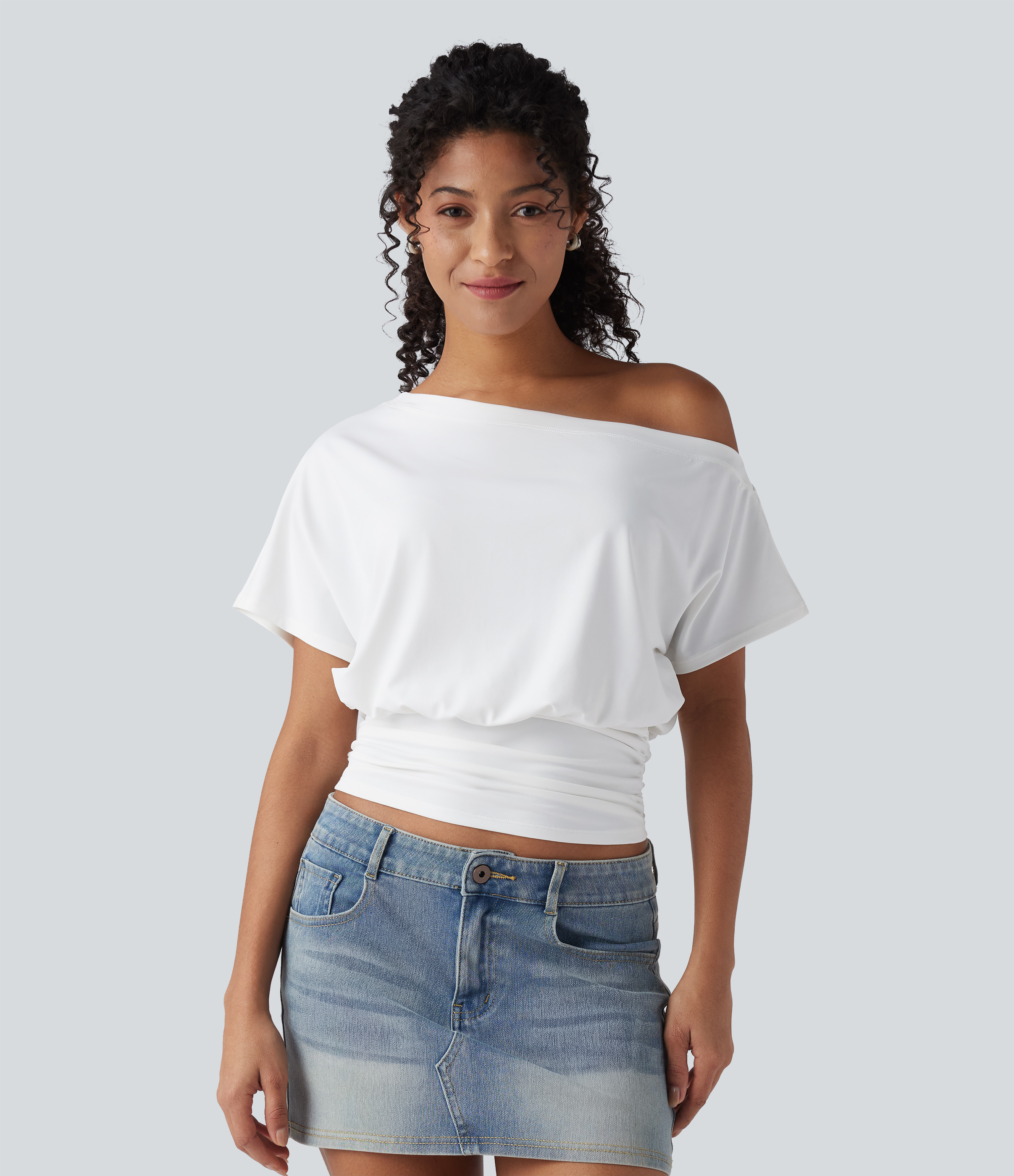 White One Shoulder Short Sleeve Ruched Casual Top / 2