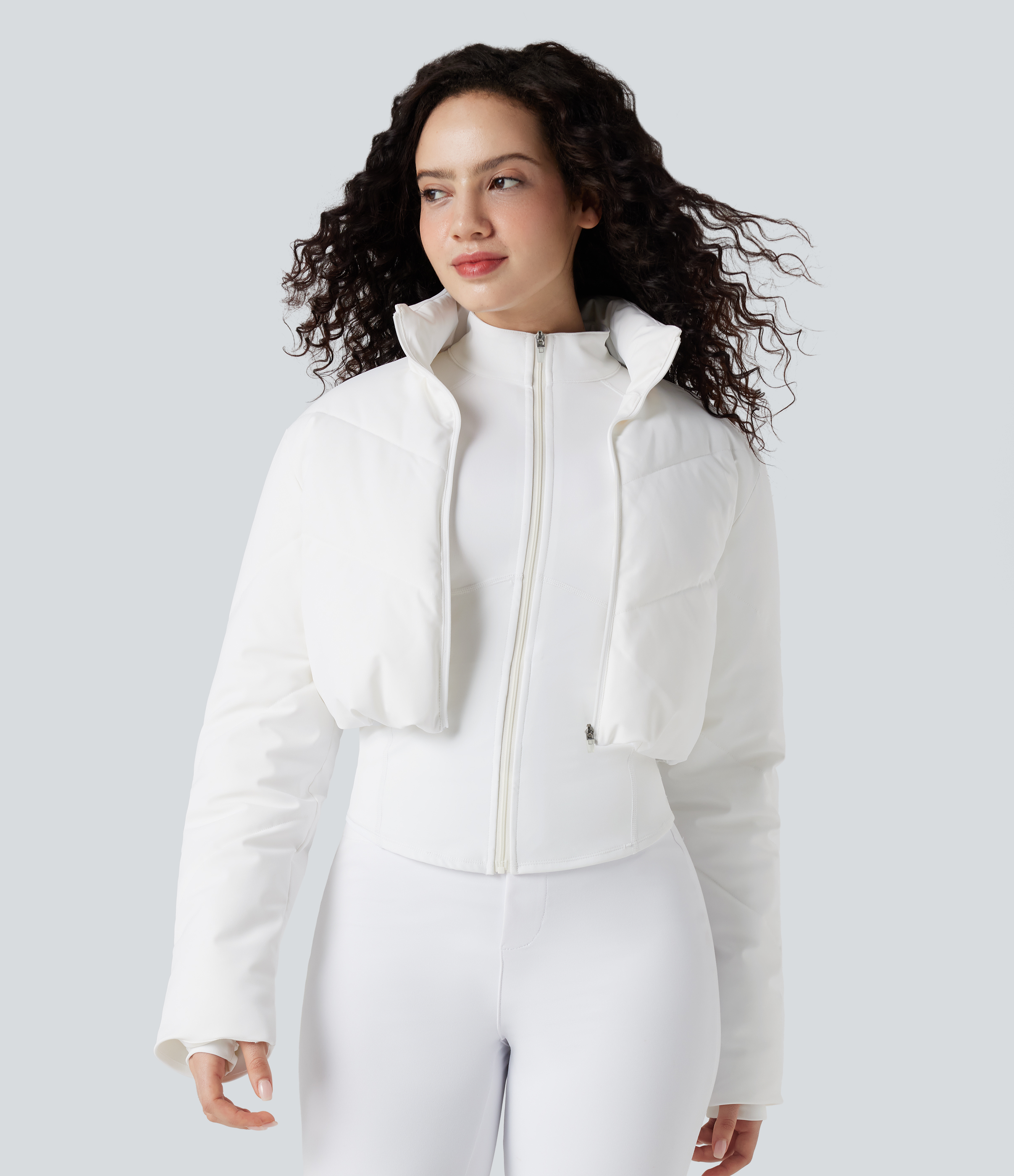 Abrigo acolchado corto casual con cuello mao & Chaqueta con aberturas para pulgares, bajo curvo y bolsillo