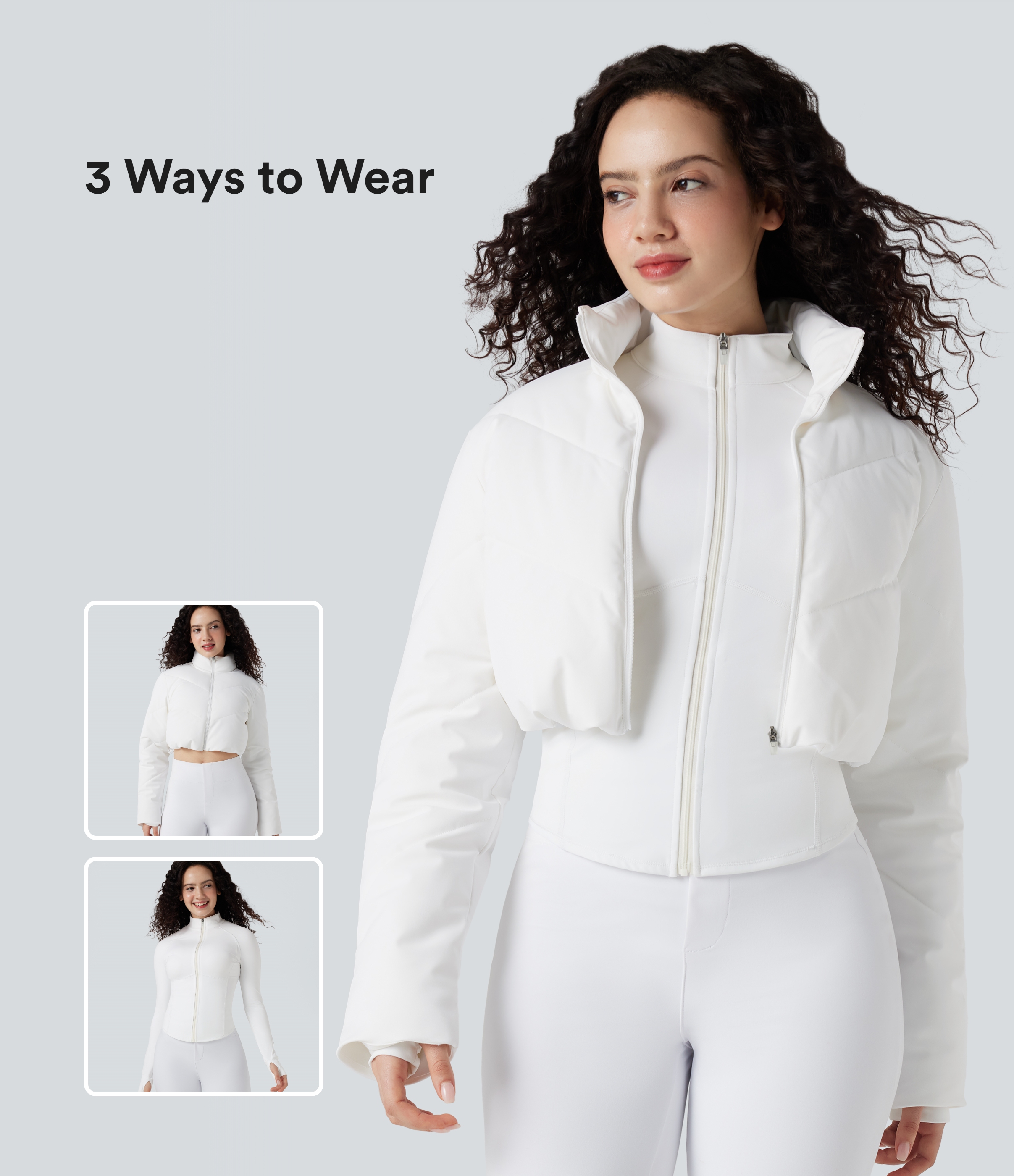 Doudoune courte décontractée PuffFlex 3 en 1 à col montant et ourlet arrondi avec poches, passe-pouces