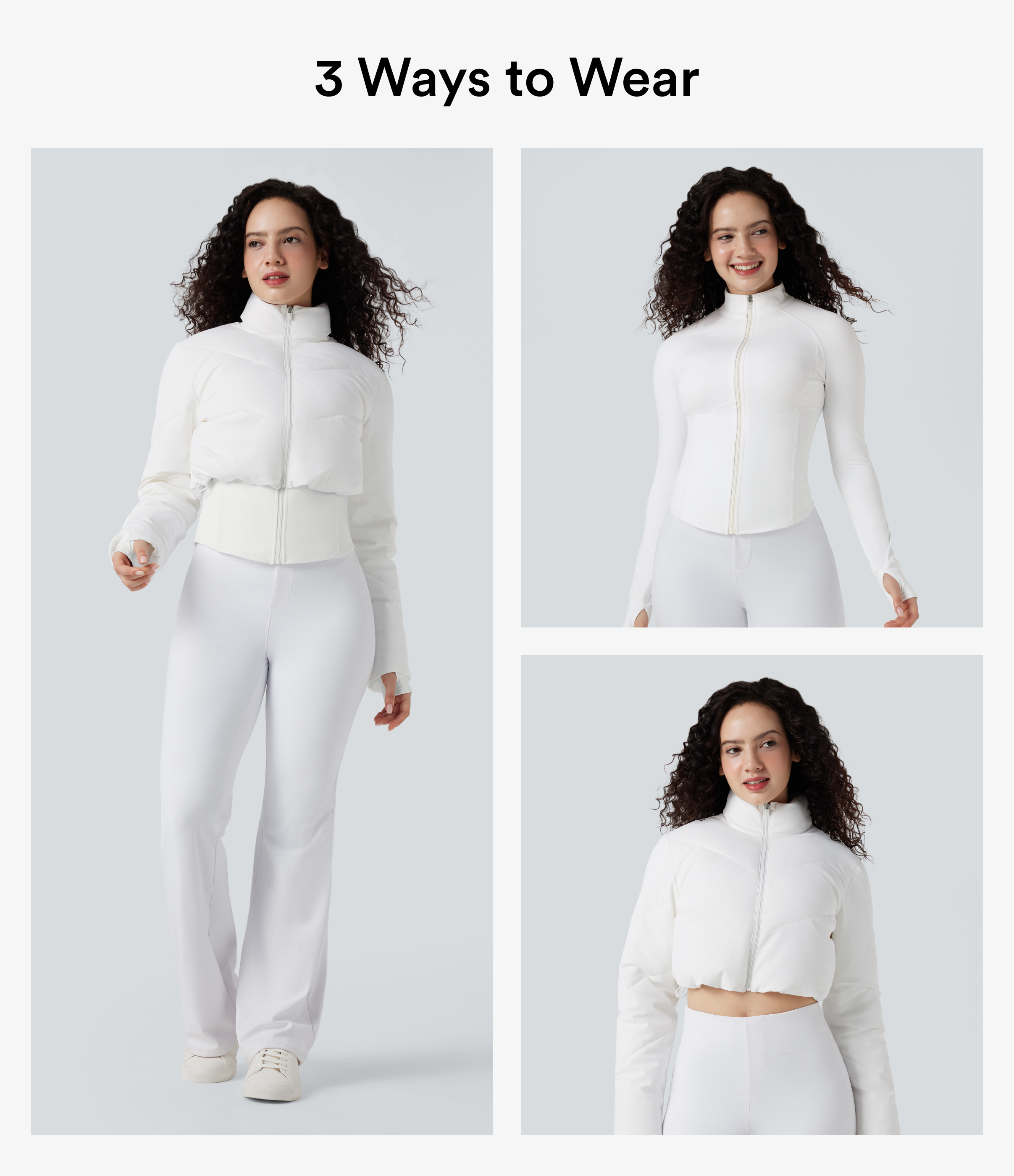 White PuffFlex 3-in-1 Stand Collar Casual Cropped Puffer Coat & Thumb Holes Curved Hem Jacket with Pocket / 2
