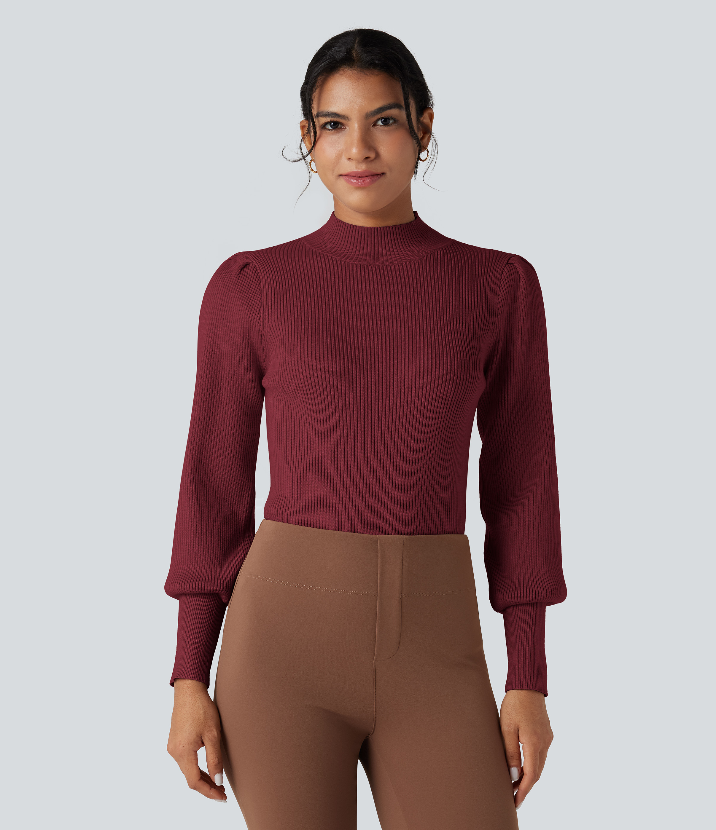 Jersey casual de cuello alto corto y mangas largas abullonadas