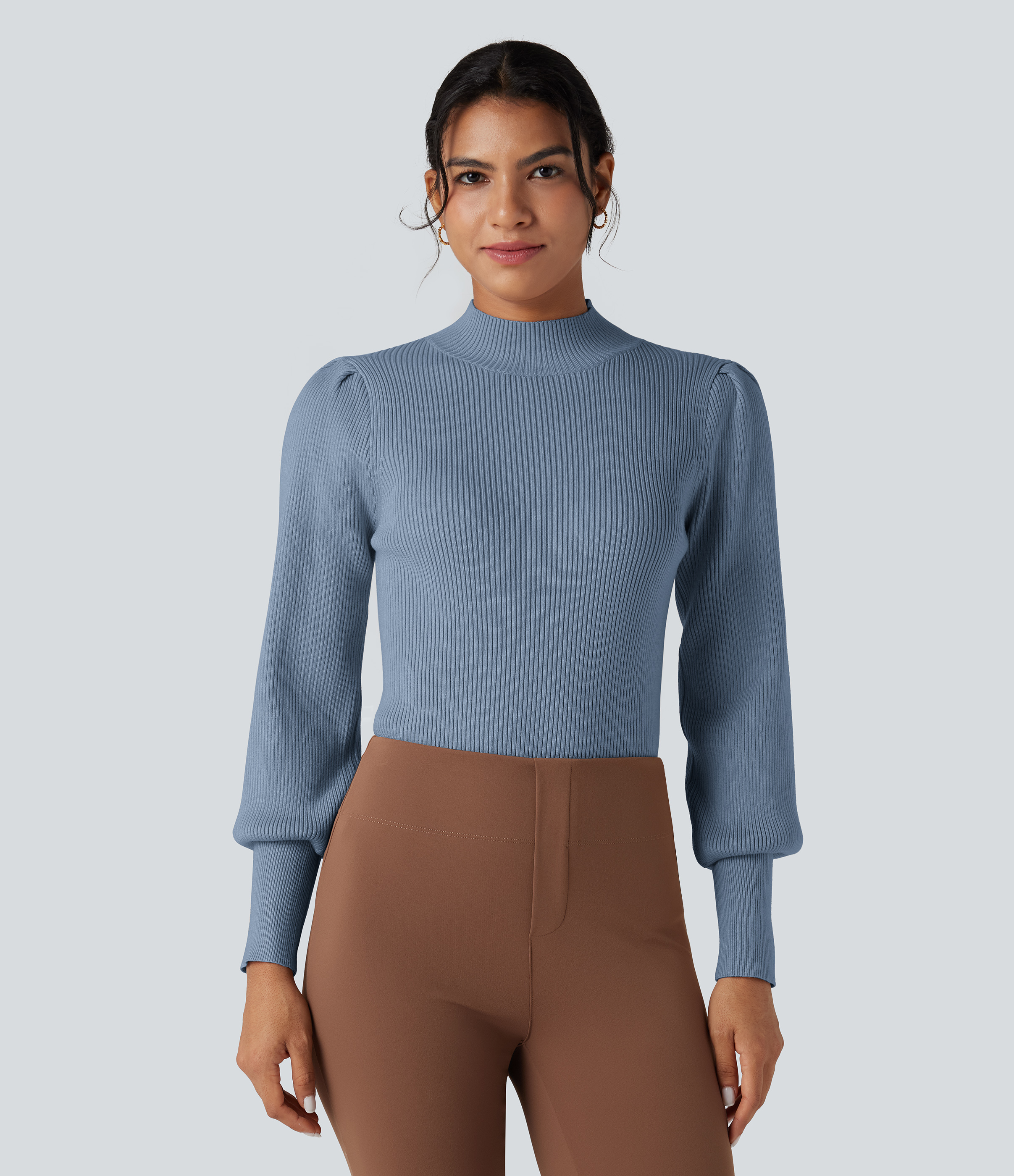 Mock Neck Puff Long Sleeve Casual Sweater