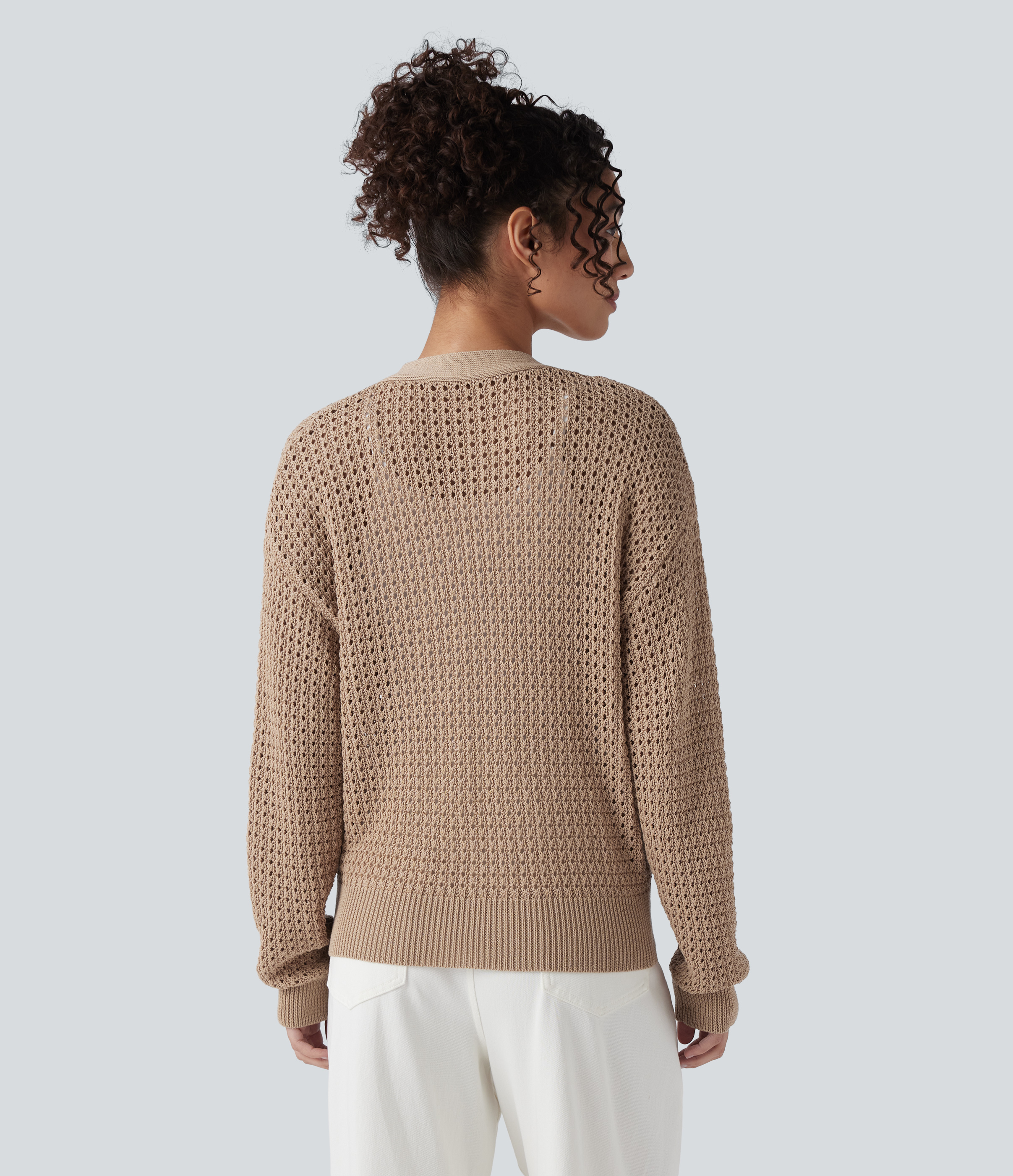 Irish Cream V Neck Long Sleeve Sweater Knit Casual Cardigan / 2