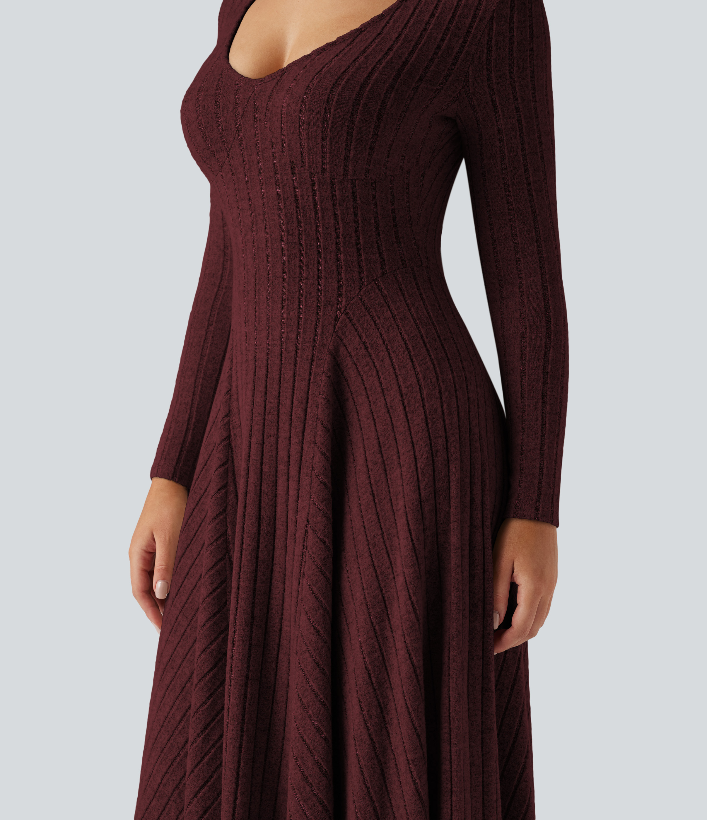 Halara Flattering Flowy Summer Beach Ribbed Knit V Neck Long Sleeve Flare Midi Casual Slip Dress with Pockets, Wine Red Floral Yarn, XS