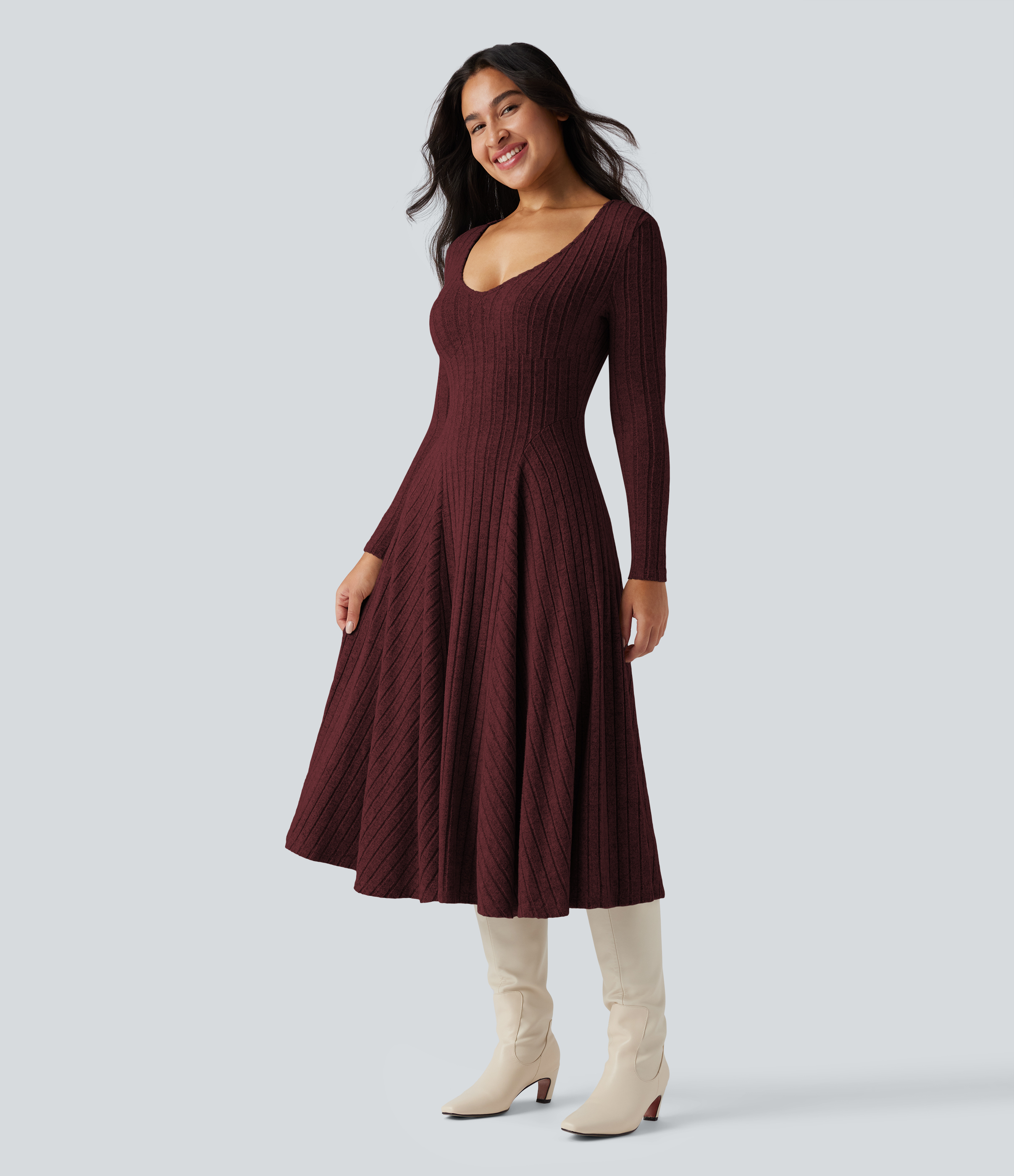 Ribbed Knit V Neck Long Sleeve Flare Midi Casual Dress with Pockets