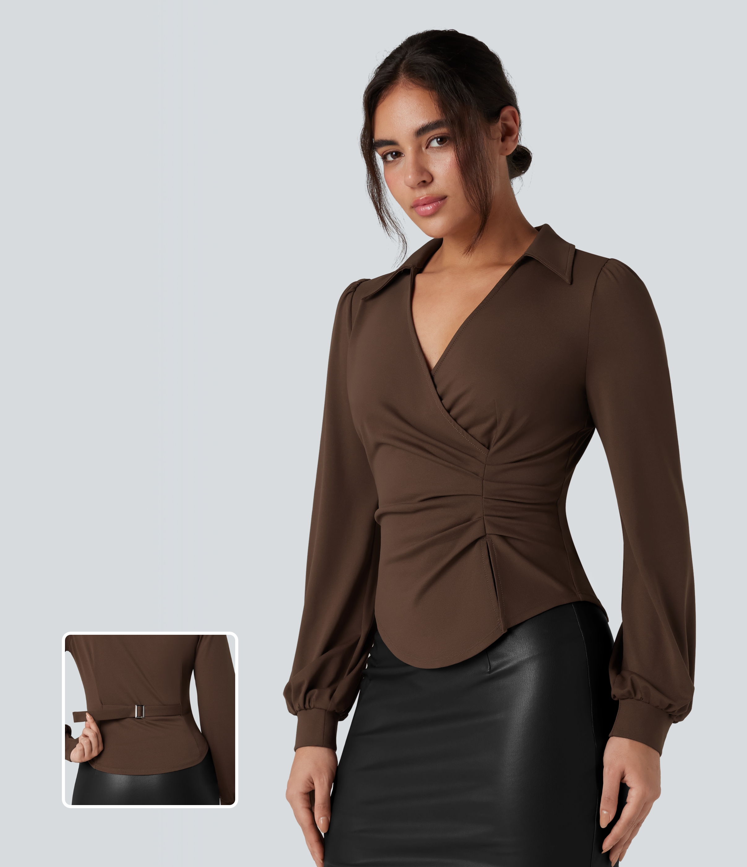 V Neck Long Sleeve Ruched Work Shirt