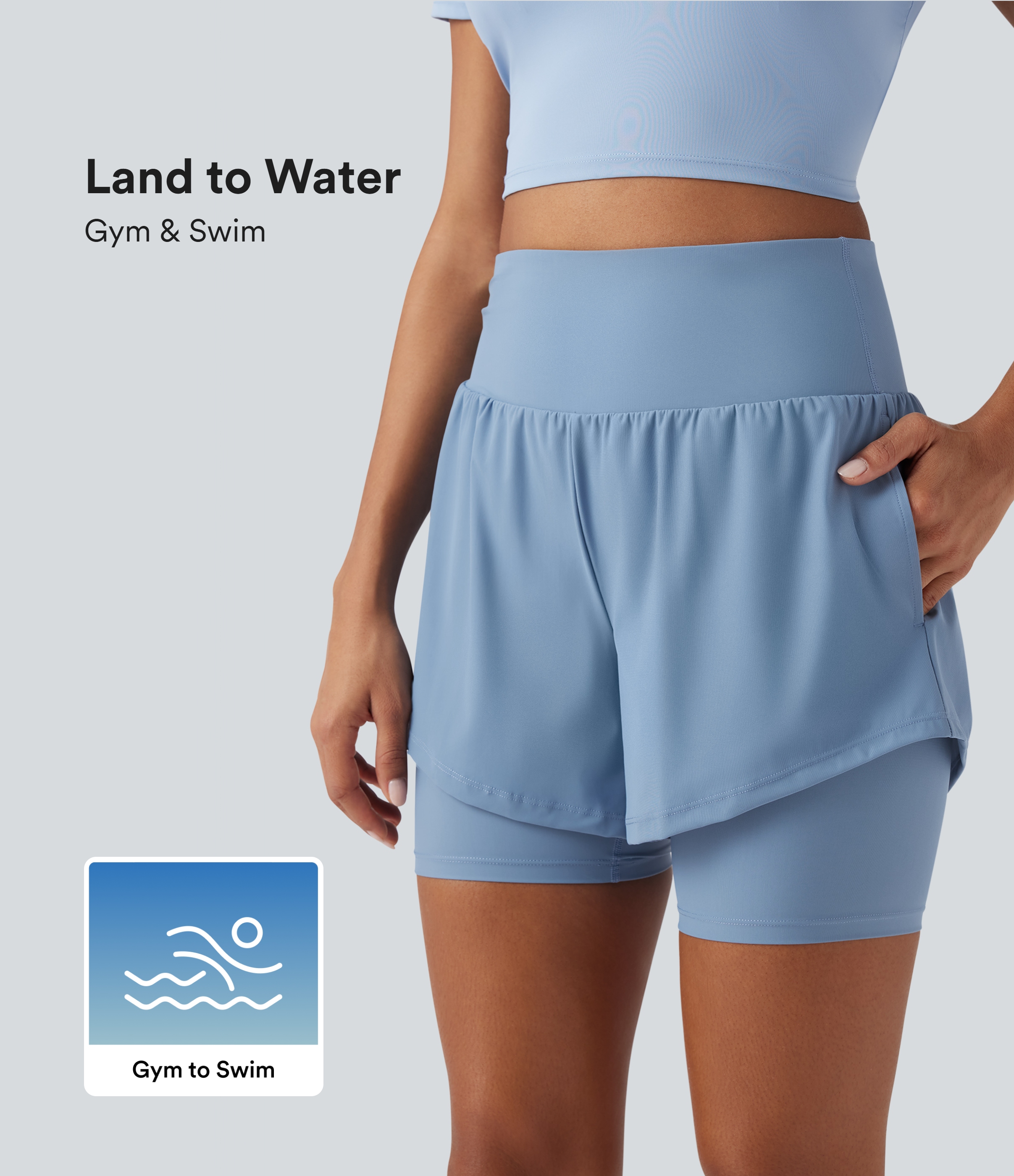 Land to Water High Waisted 2-in-1 Bikini Bottoms 7'' with Pockets
