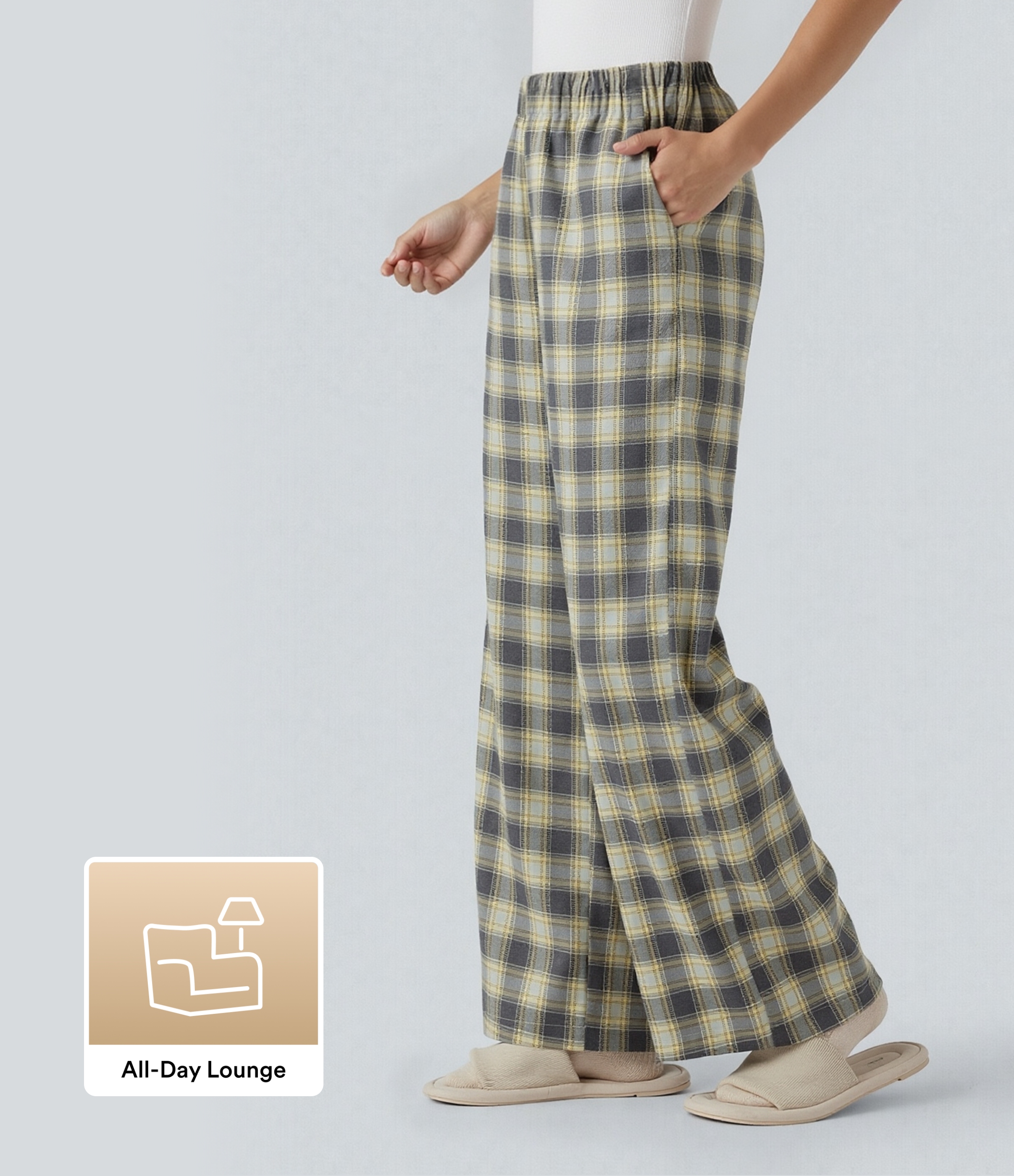 High Waisted Plaid Baggy Lounge Pants with Pockets