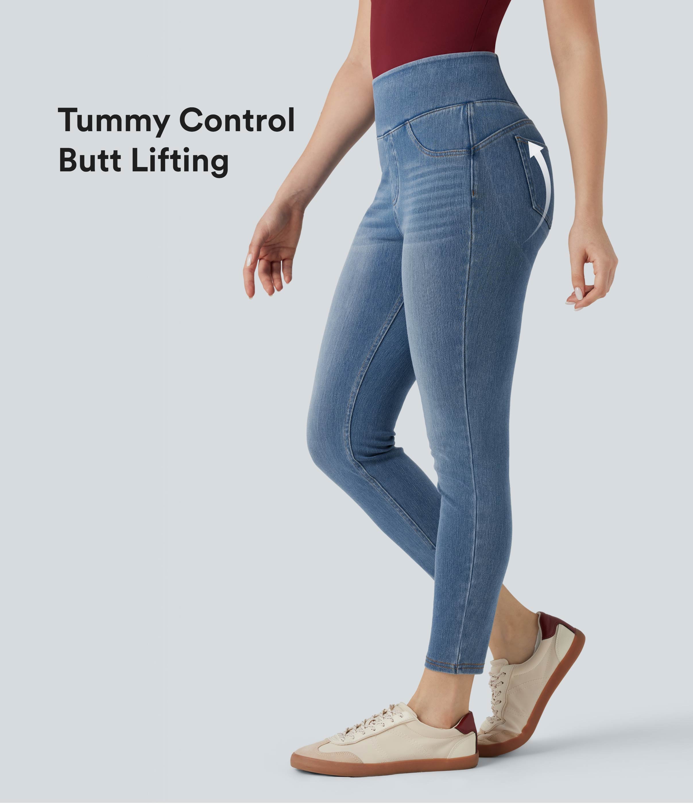 Legging skinny 7/8 en denim décontracté Halara Flex™ taille haute, effet push-up et ventre plat, avec poches