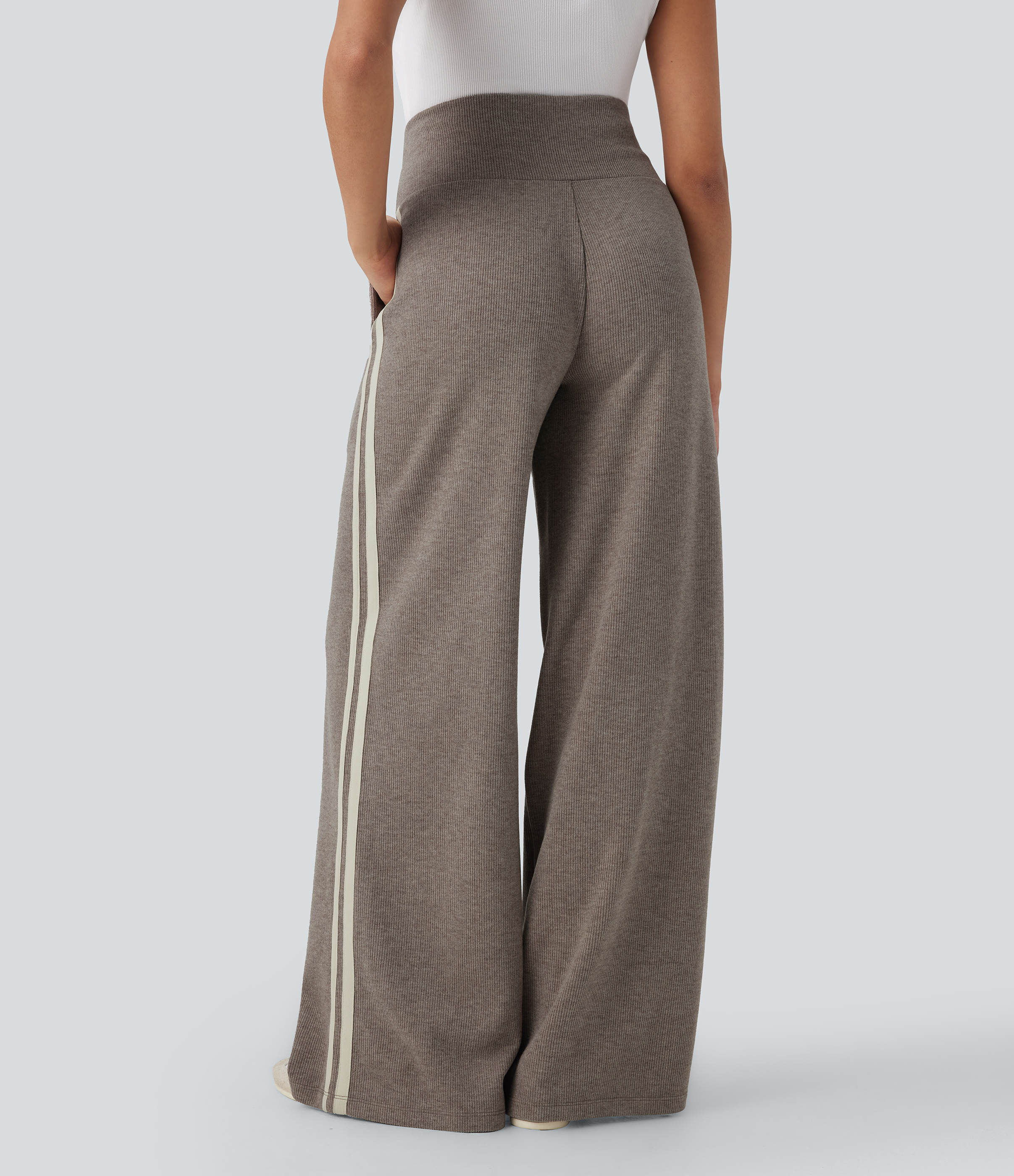 Taupe Stripe Ribbed High Waisted Tummy Control Drawstring Wide Leg Color Block Casual Pants with Pockets / 2