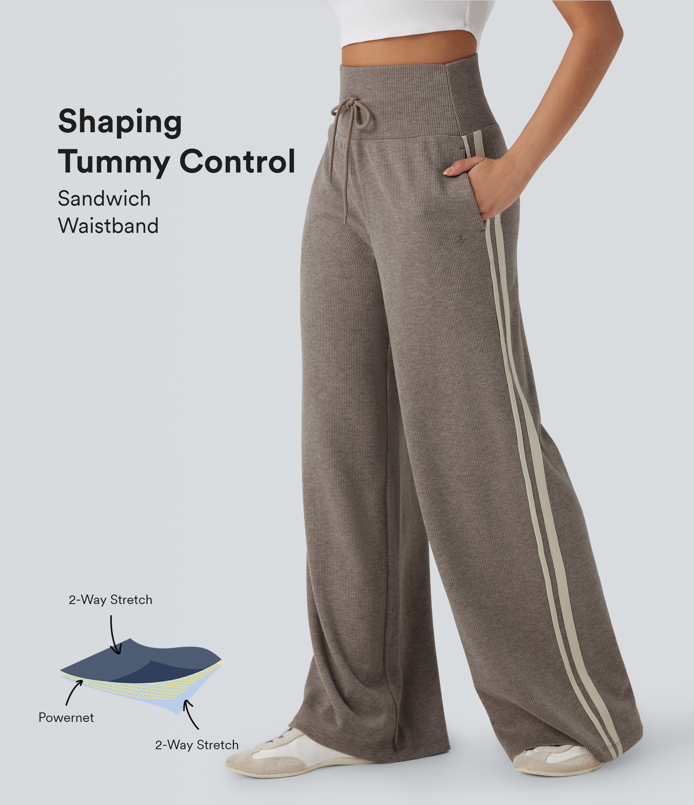 Ribbed High Waisted Tummy Control Drawstring Wide Leg Color Block Casual Pants with Pockets