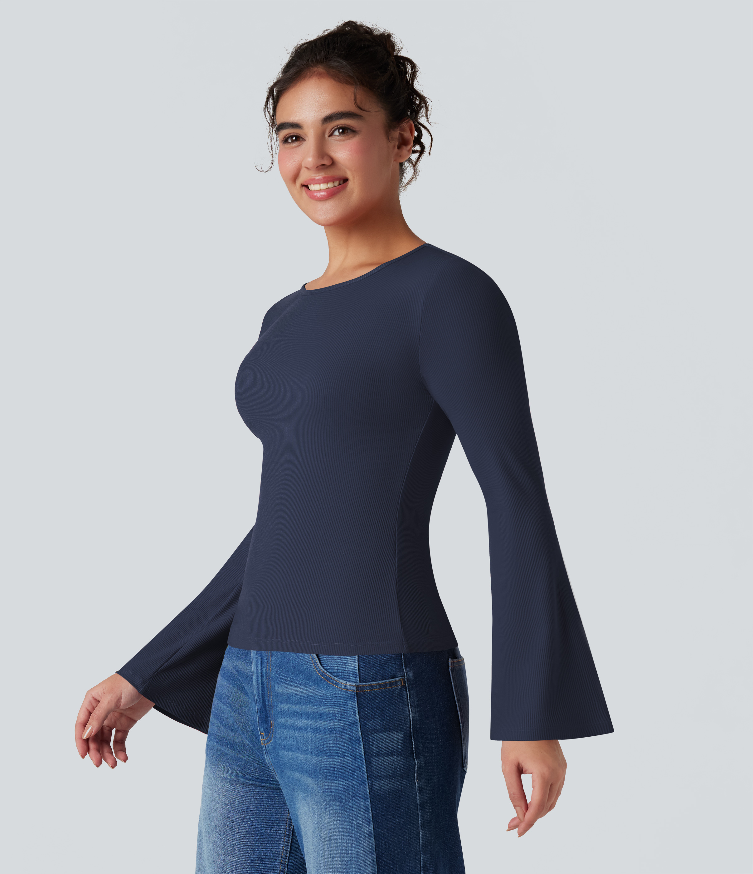 Ribbed Knit Round Neck Flounce Long Sleeve Casual Top