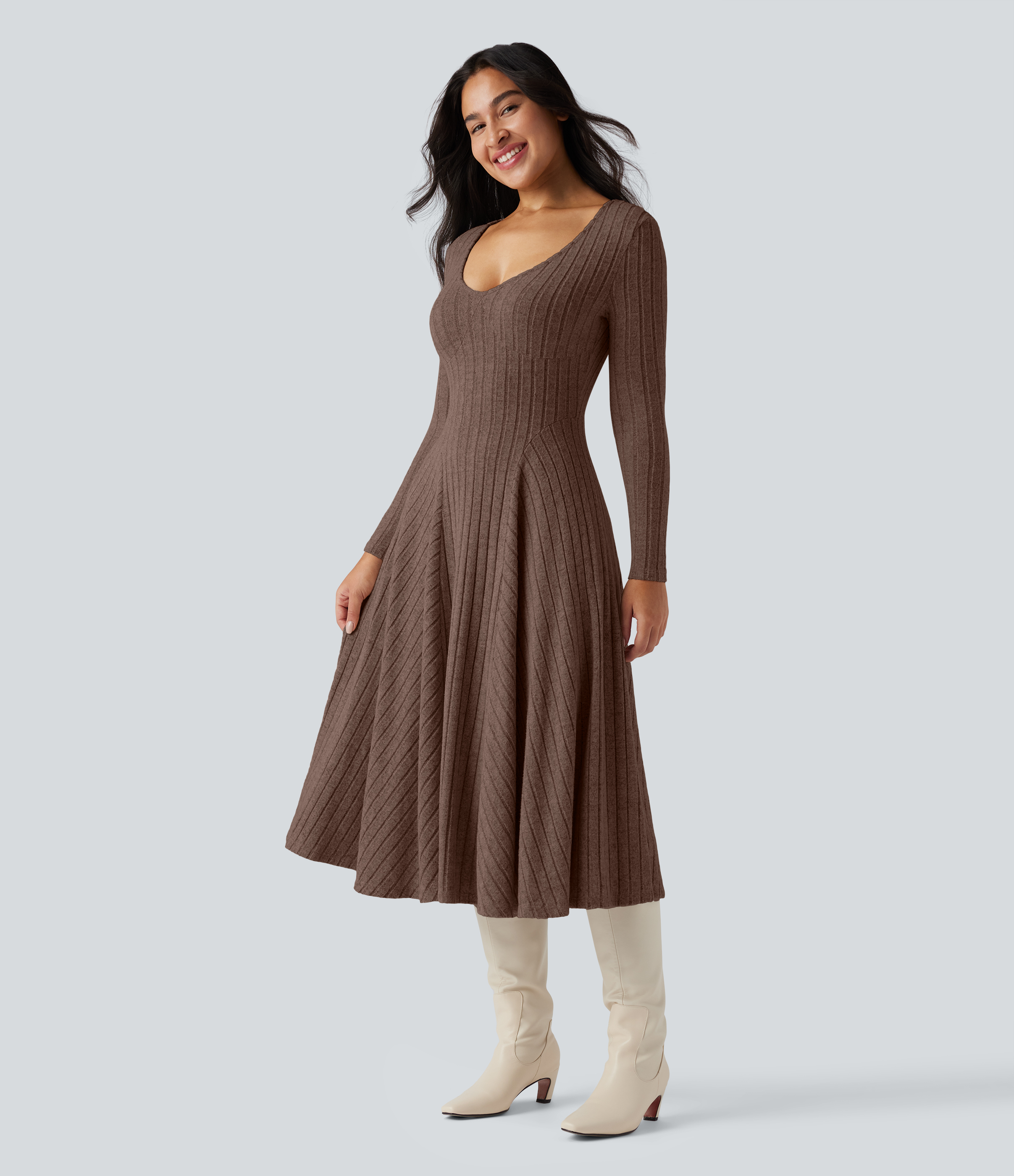 Ribbed Knit V Neck Long Sleeve Flare Midi Casual Dress