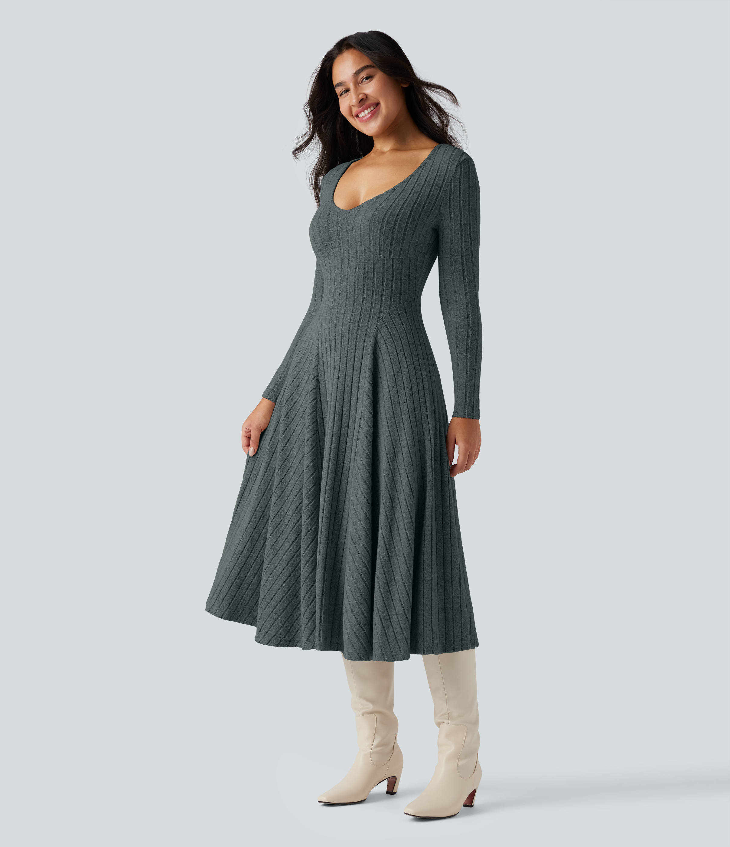 Ribbed Knit V Neck Long Sleeve Flare Midi Casual Dress