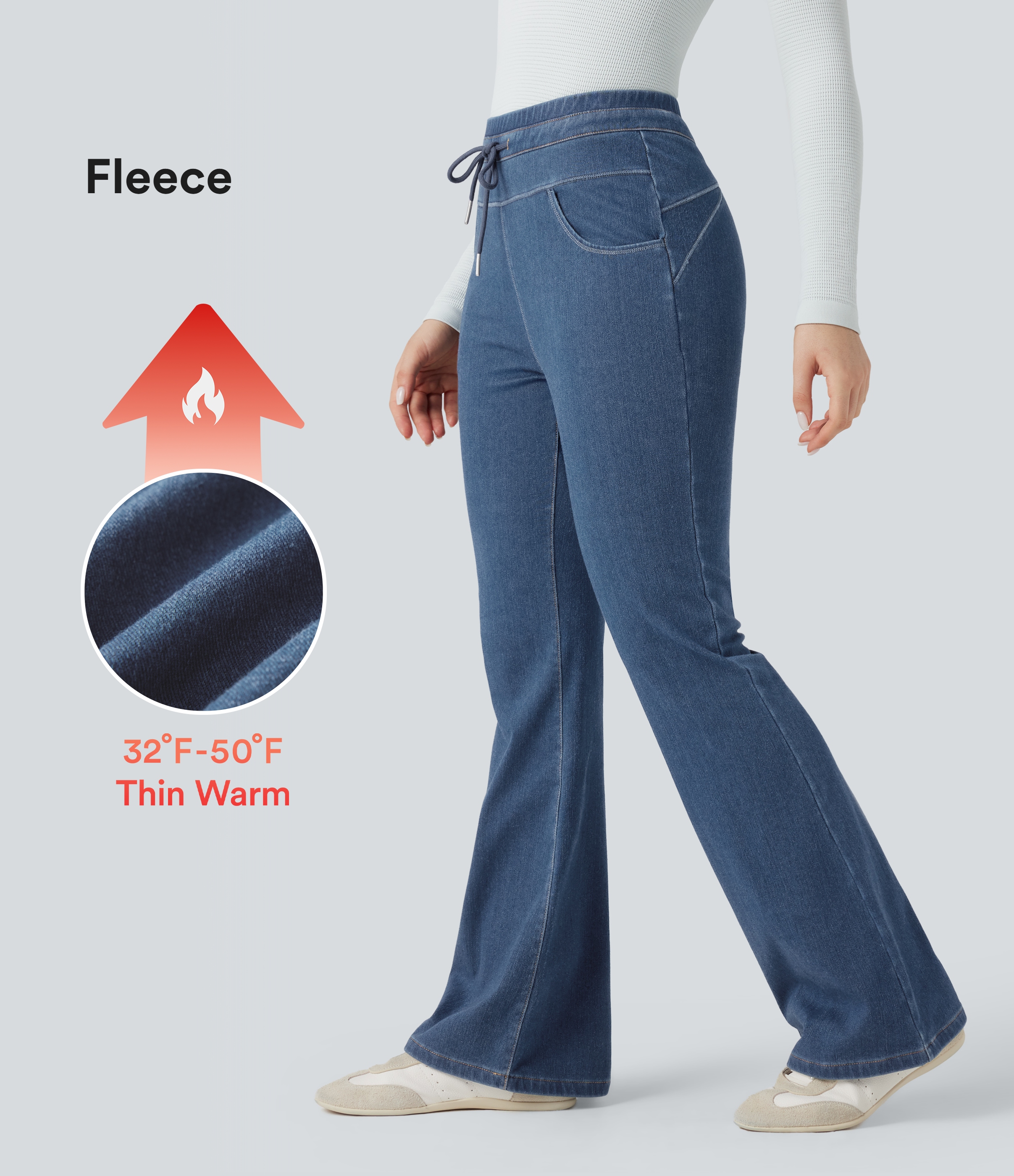 Halara Flex™ Denim Heat - Flare-Leggings aus Denim mit hohem Bund, Seitentaschen und Kordelzug