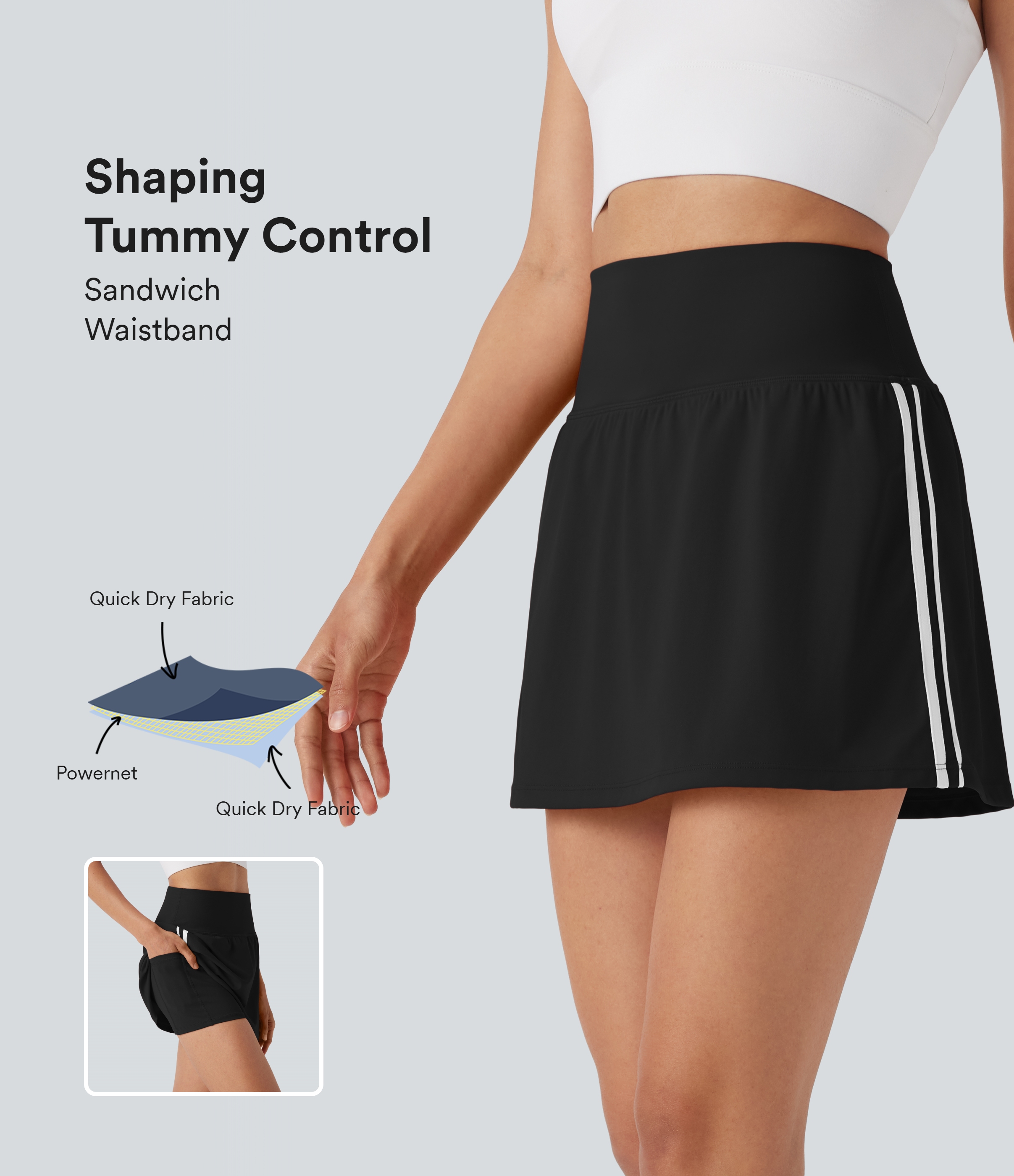 Negro SoftlyZero™ QuickDry High Waisted Tummy Control 2-in-1 Color Block Mini Pickleball Skirt with Pocket / 1