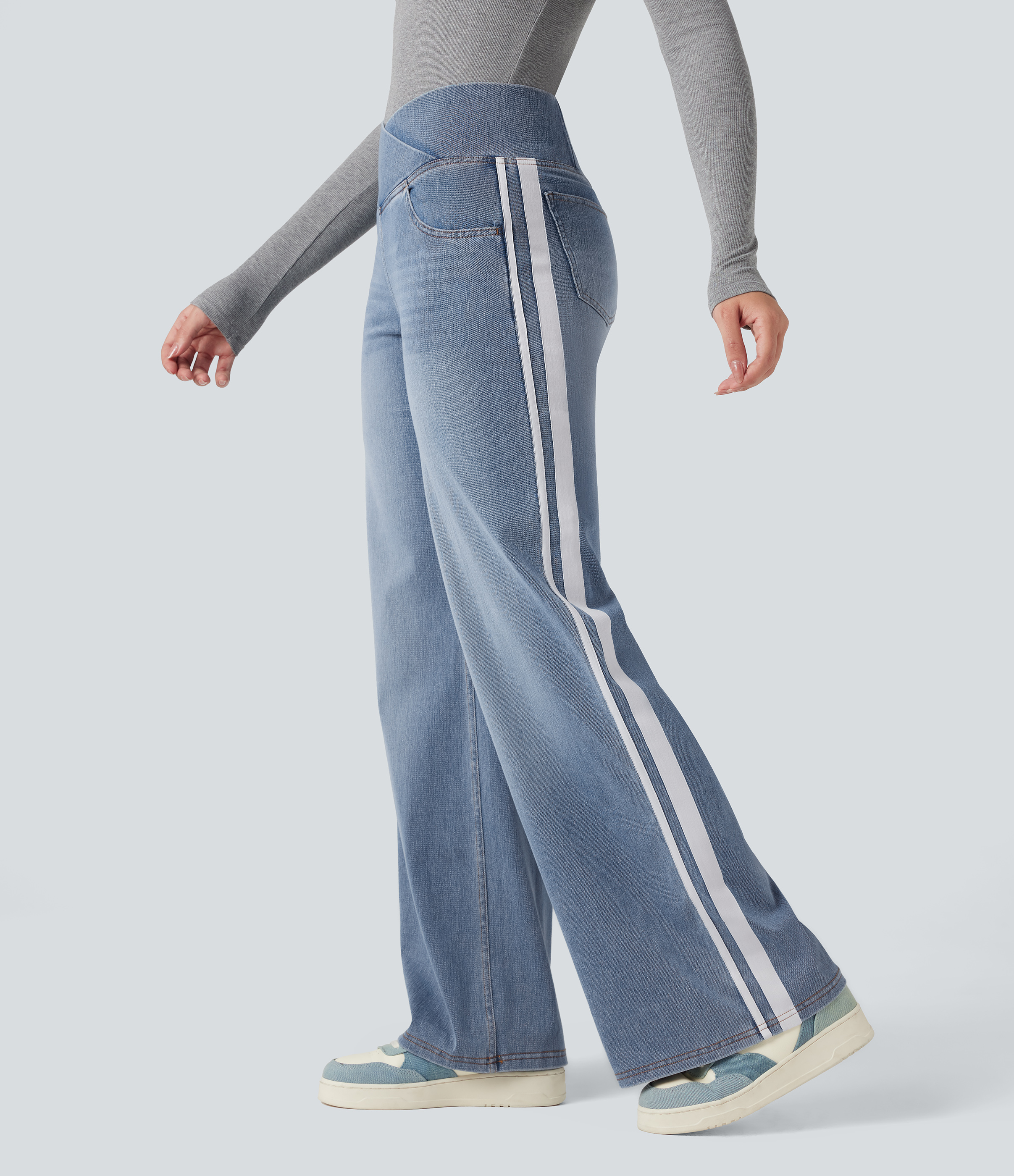 Halara Flex™ High Waisted Crossover Stripe Bootcut Casual Jeans with Pockets