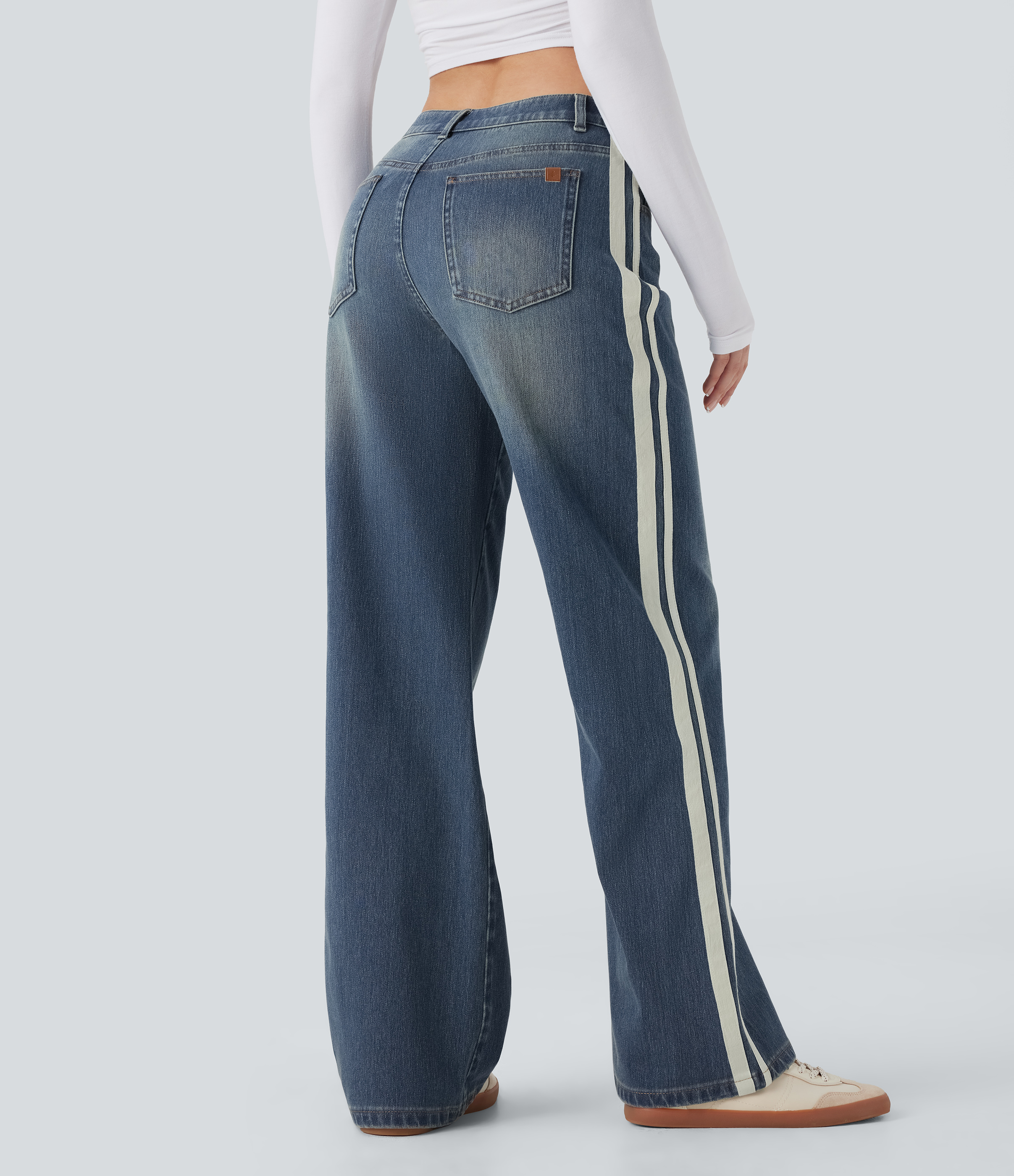 Blue Surf Denim Halara Flex™ Low Rise Stripe Wide Leg Washed Casual Jeans with Pockets / 2