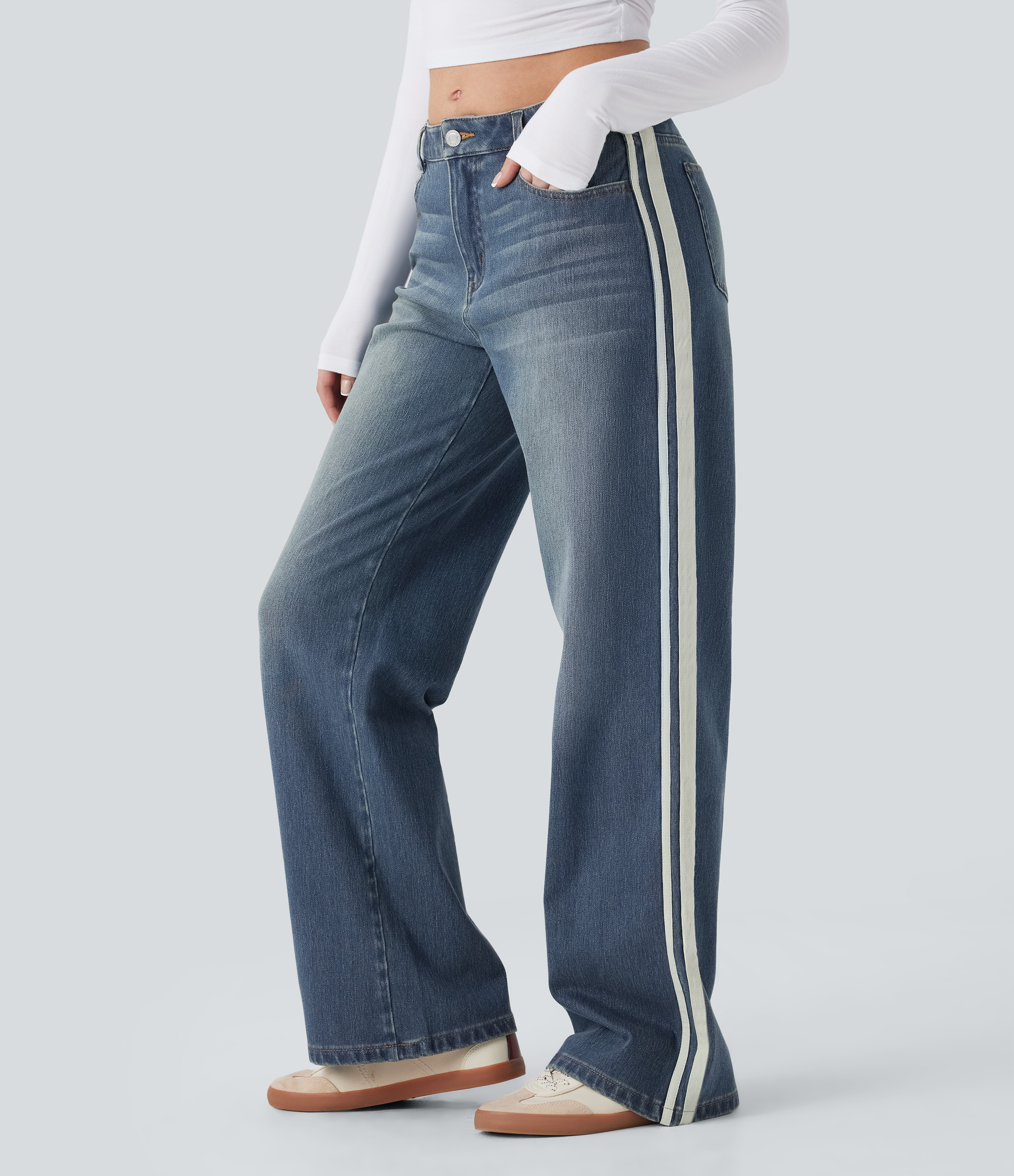 Blue Surf Denim Halara Flex™ Low Rise Stripe Wide Leg Washed Casual Jeans with Pockets / 1