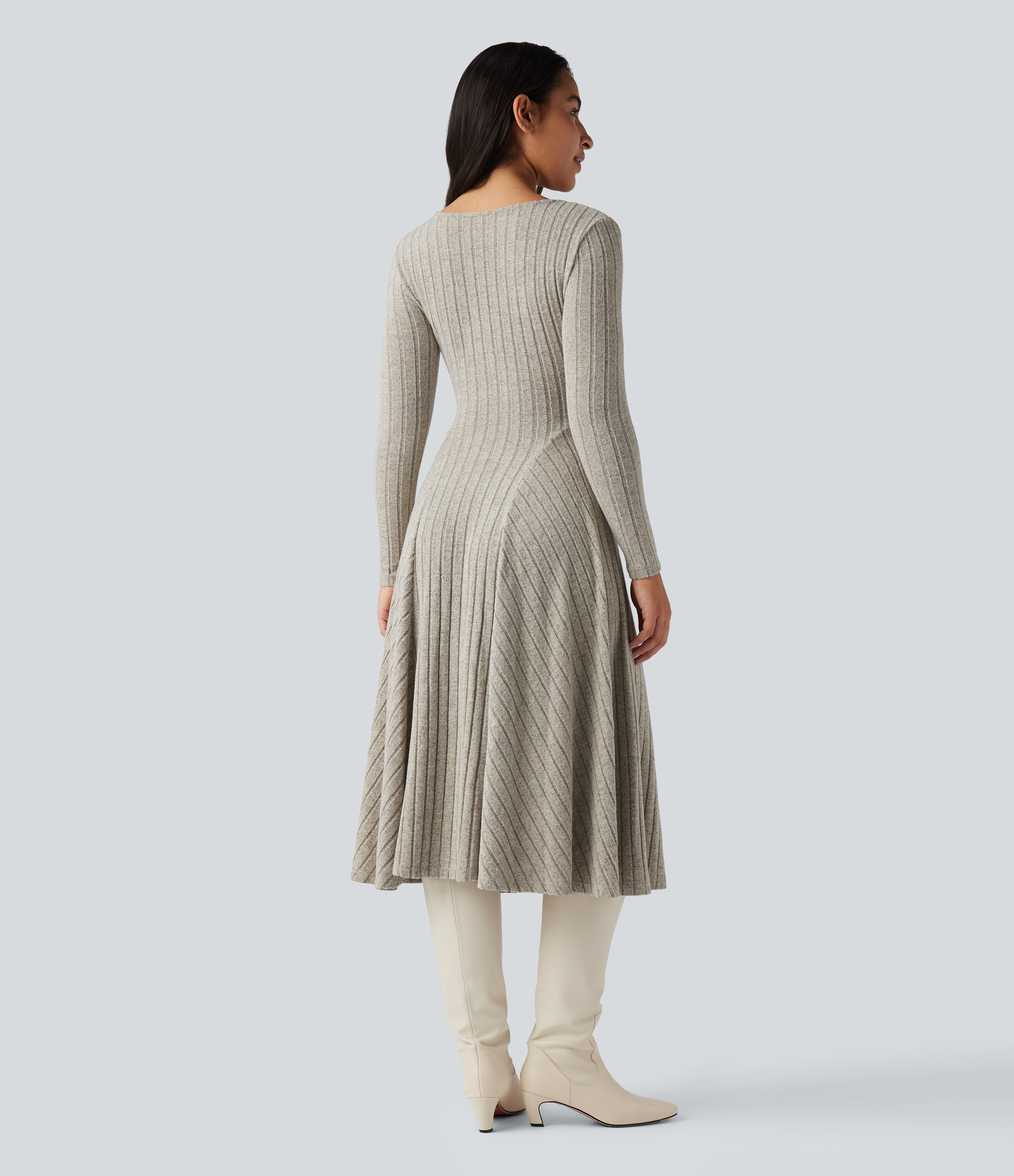 Warm Grey Floral Velvet Midi dress in ribbed knit with V-neck and long sleeves. / 2