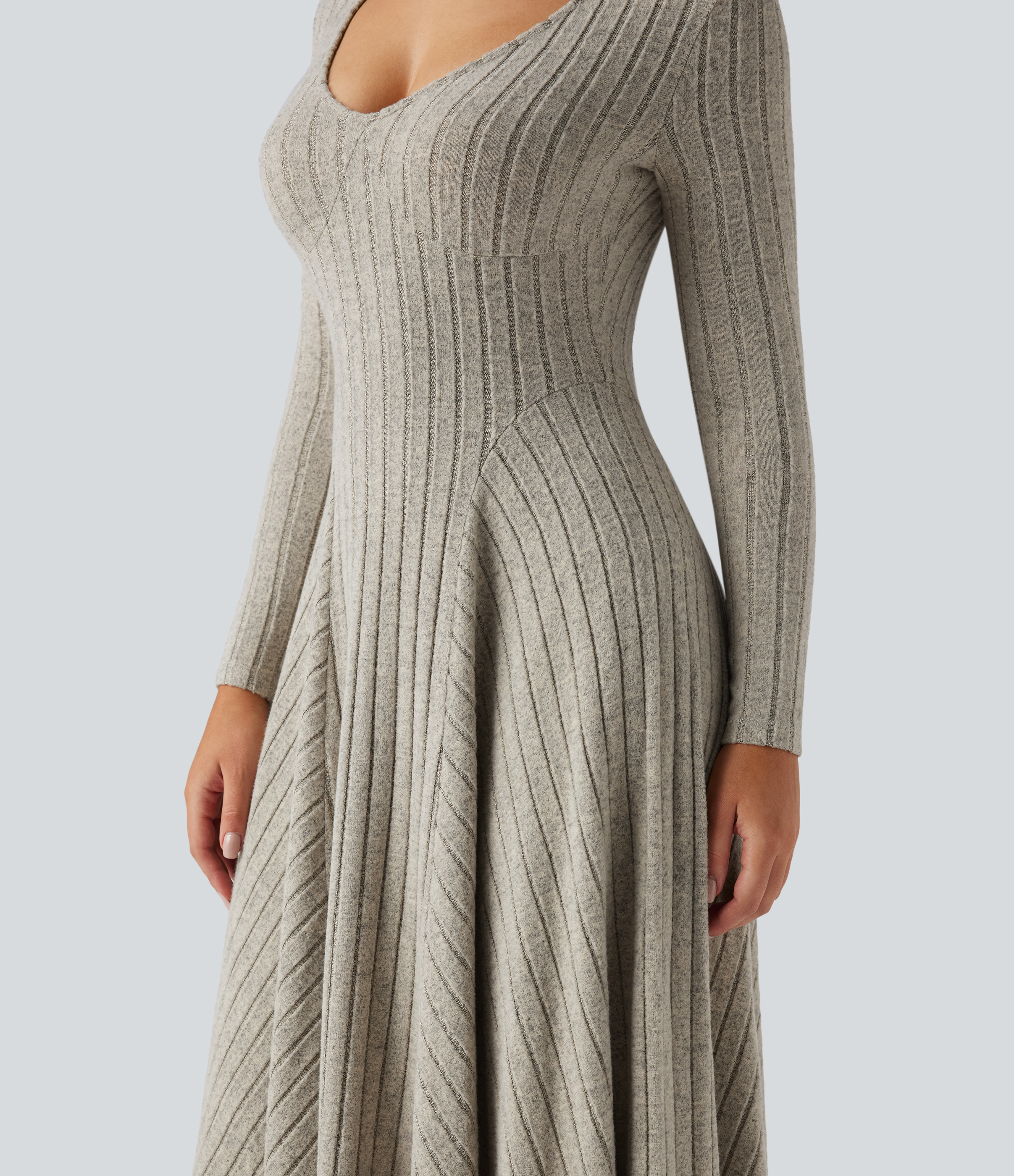 Halara Women's Ribbed Knit V Neck Long Sleeve Flare Midi Dress with Pockets, Flowy Summer Slip Casual Style - Mottled Grey Blue - S Halara Women's Ribbed Knit V Neck Long Sleeve Flare Midi Dress with Pockets, Flowy Summer Slip Casual Style - Mottled Grey Blue - S