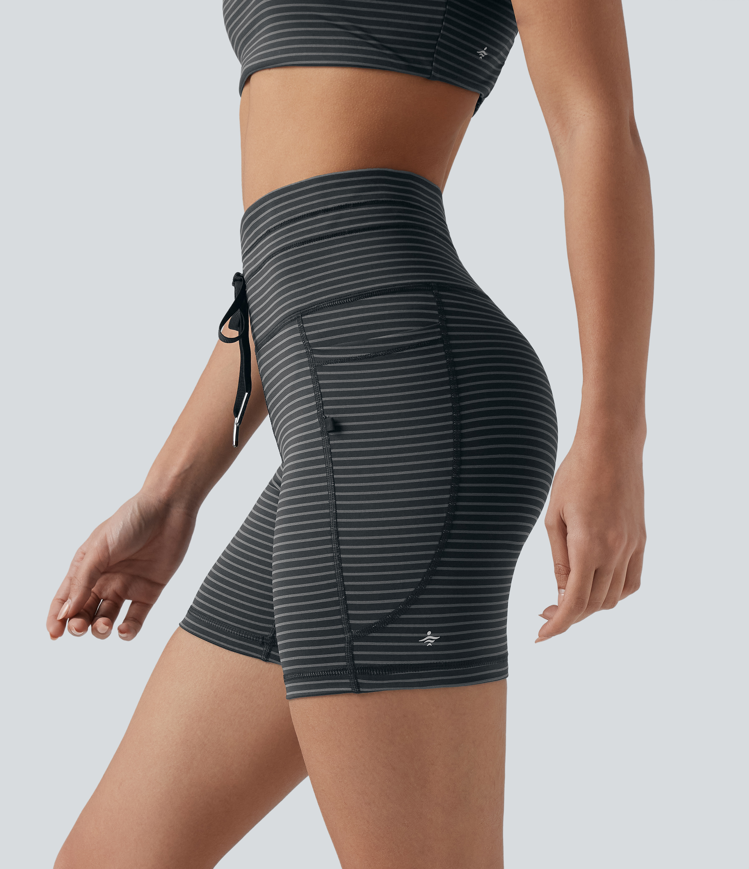 High Waisted Drawstring Striped Yoga Bike Running Shorts 5'' with Pockets