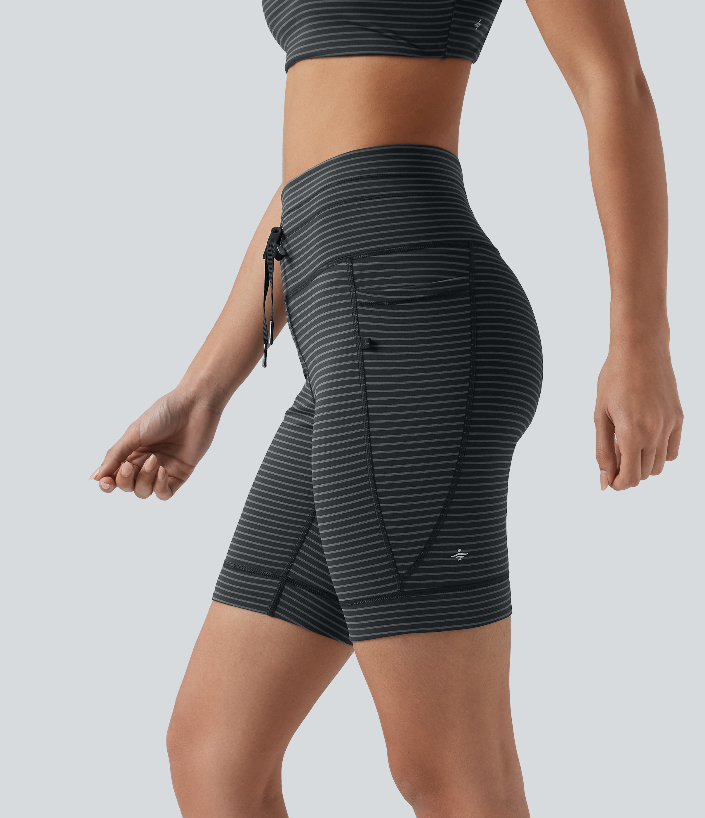 High Waisted Drawstring Striped Yoga Biker Shorts 7'' with Pockets