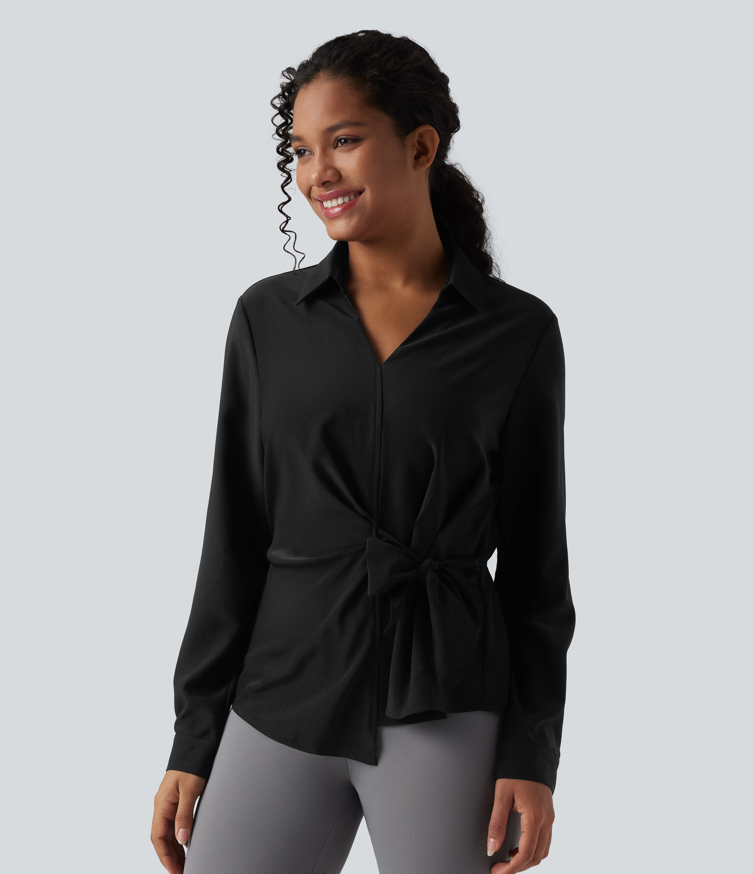 Women's Collar Long Sleeve Tie Asymmetrical Hem Work Blouse - Halara